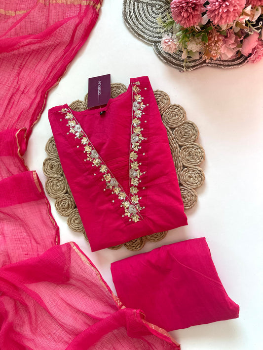K433 - Mul cotton handwork Aline Kurti with pants and dupatta