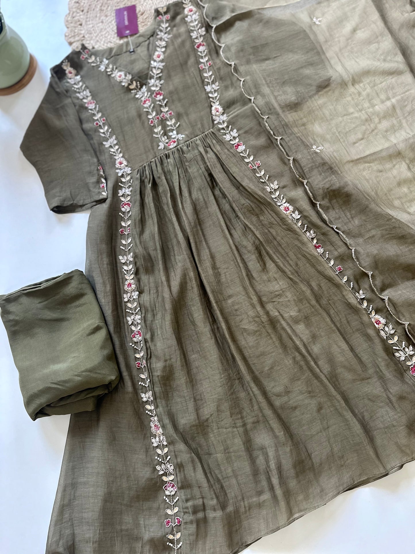 K257 - Mul Chanderi Gota work Anarkali with pants and dupatta .