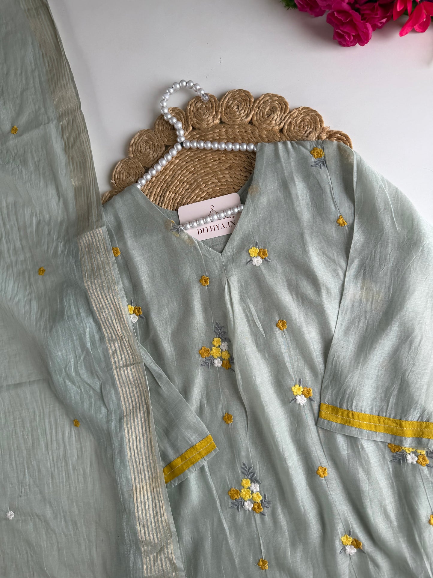 K724 - Mul chanderi embroidered Aline Kurti with pants and dupatta