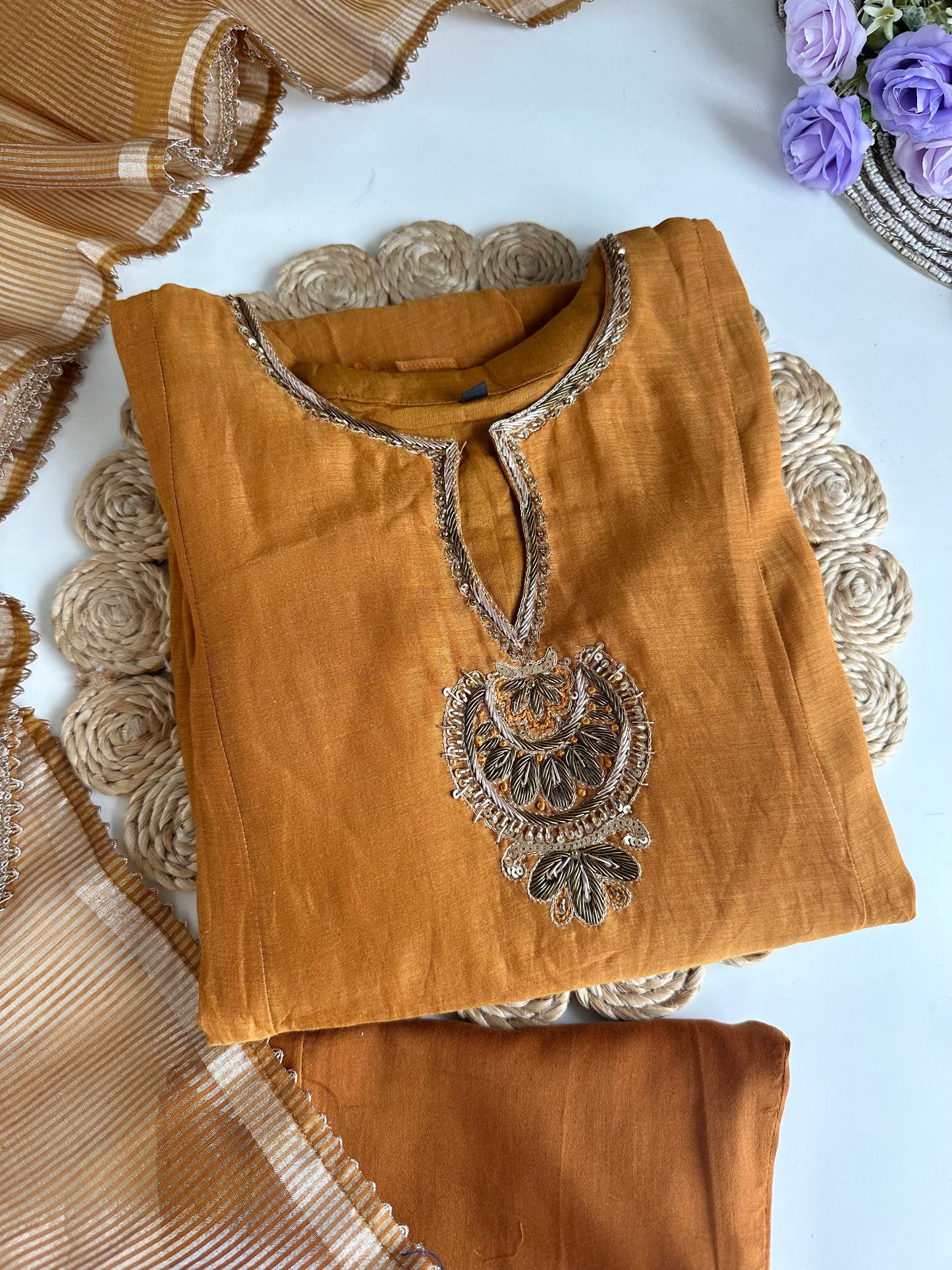 K035 - Mul Chanderi Handwork Aline Kurti with pants and dupatta in 2 colours