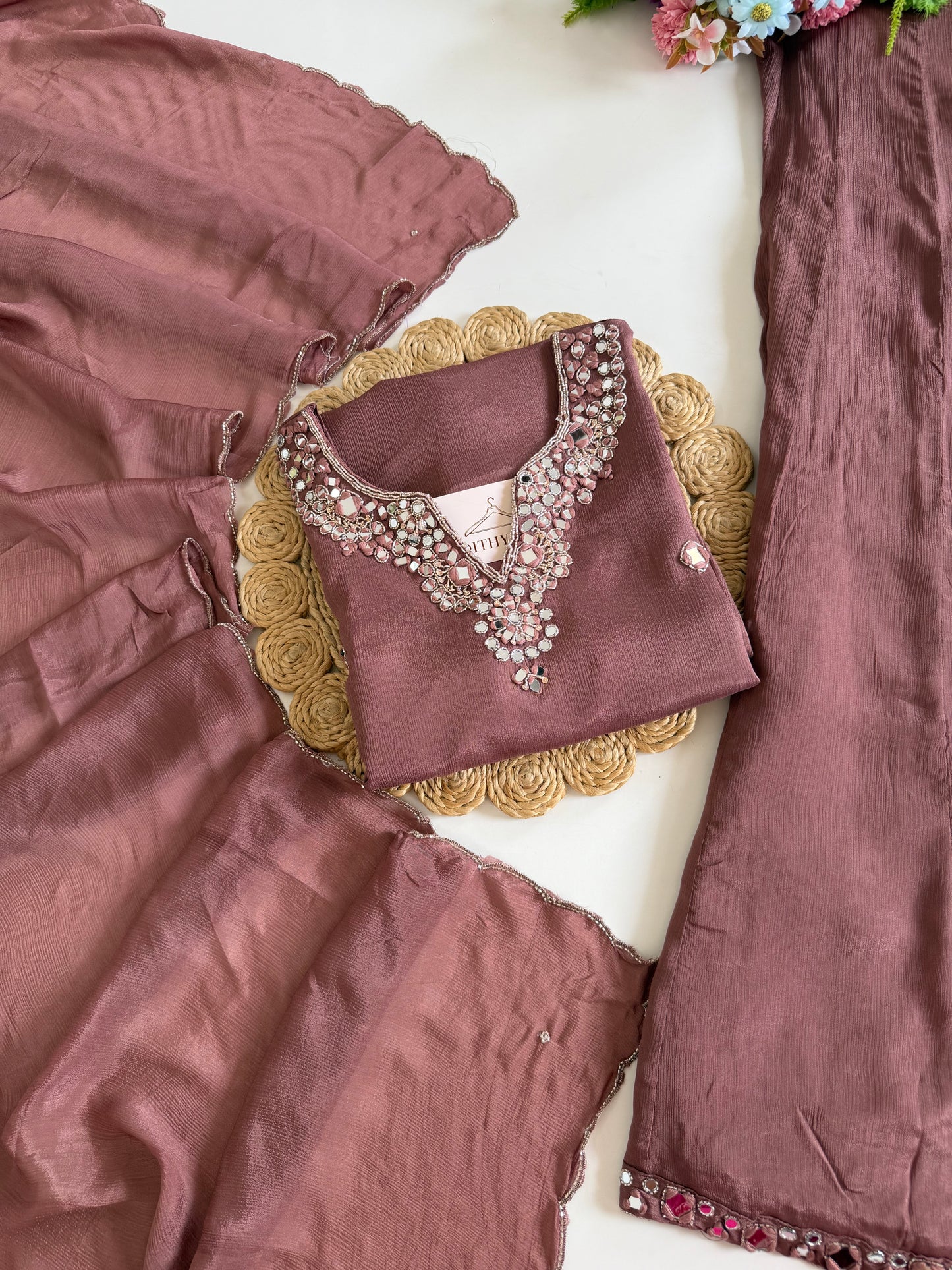 K204 - Pure Chinnon mirror work short Kurti with divider pants and dupatta