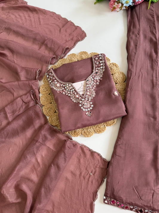 K204 - Pure Chinnon mirror work short Kurti with divider pants and dupatta