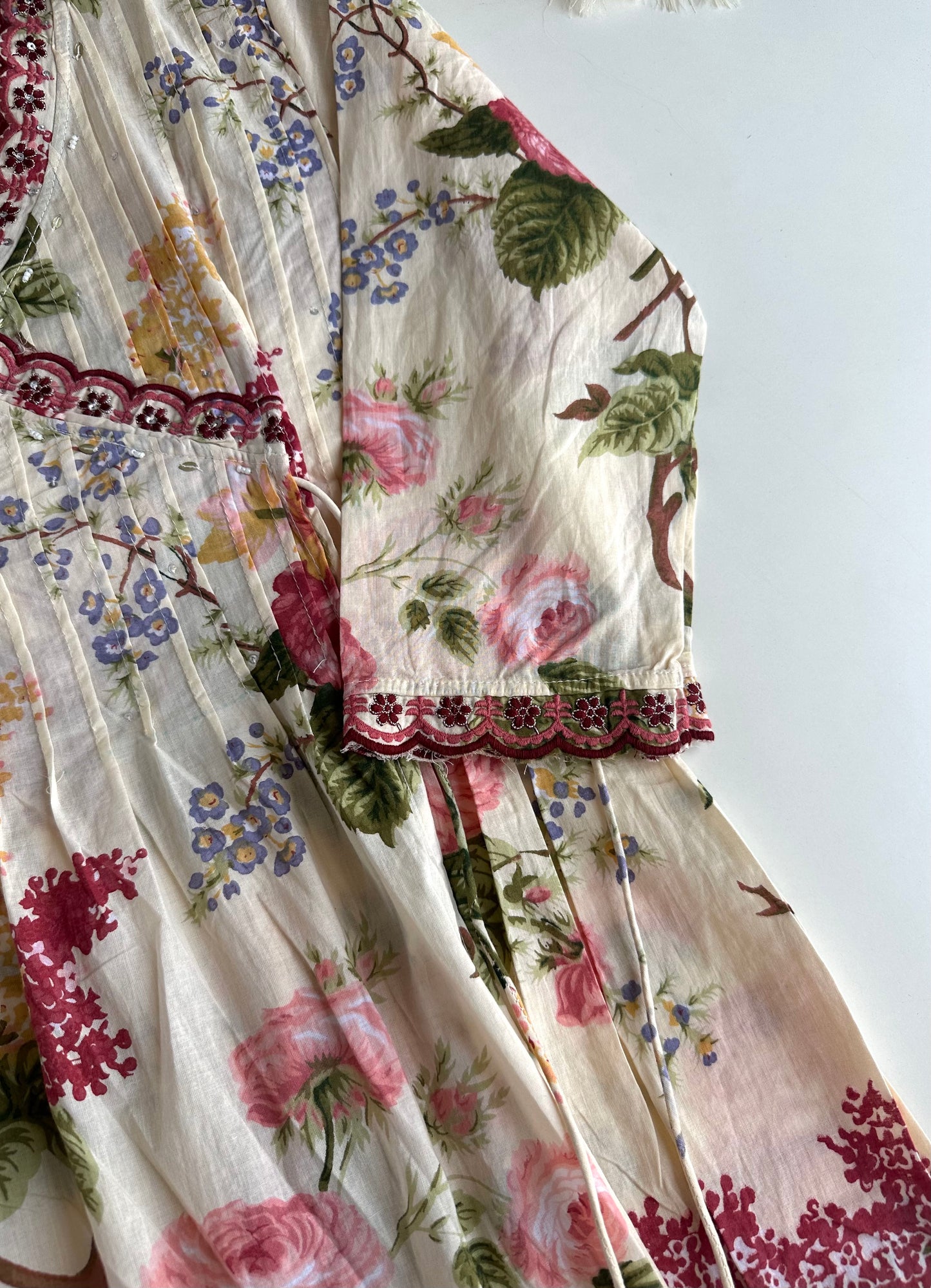 K465 - Mul cotton pleated floral Aline Kurti with pants and dupatta