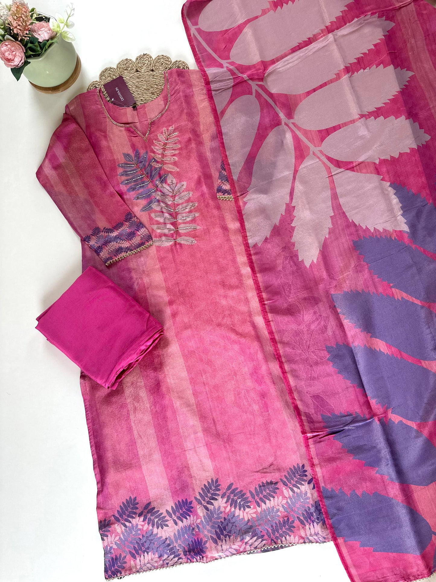 K078 - Tissue silk Handwork straight kurti with pants and floral dupatta .