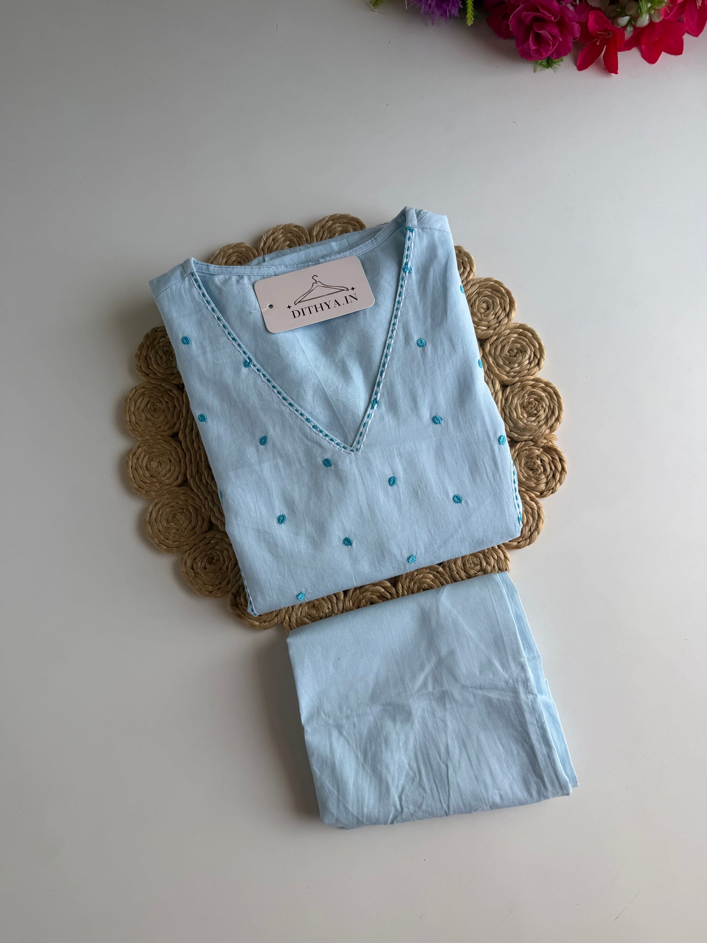 K714 - Mul cotton embroidered Aline Kurti with pants