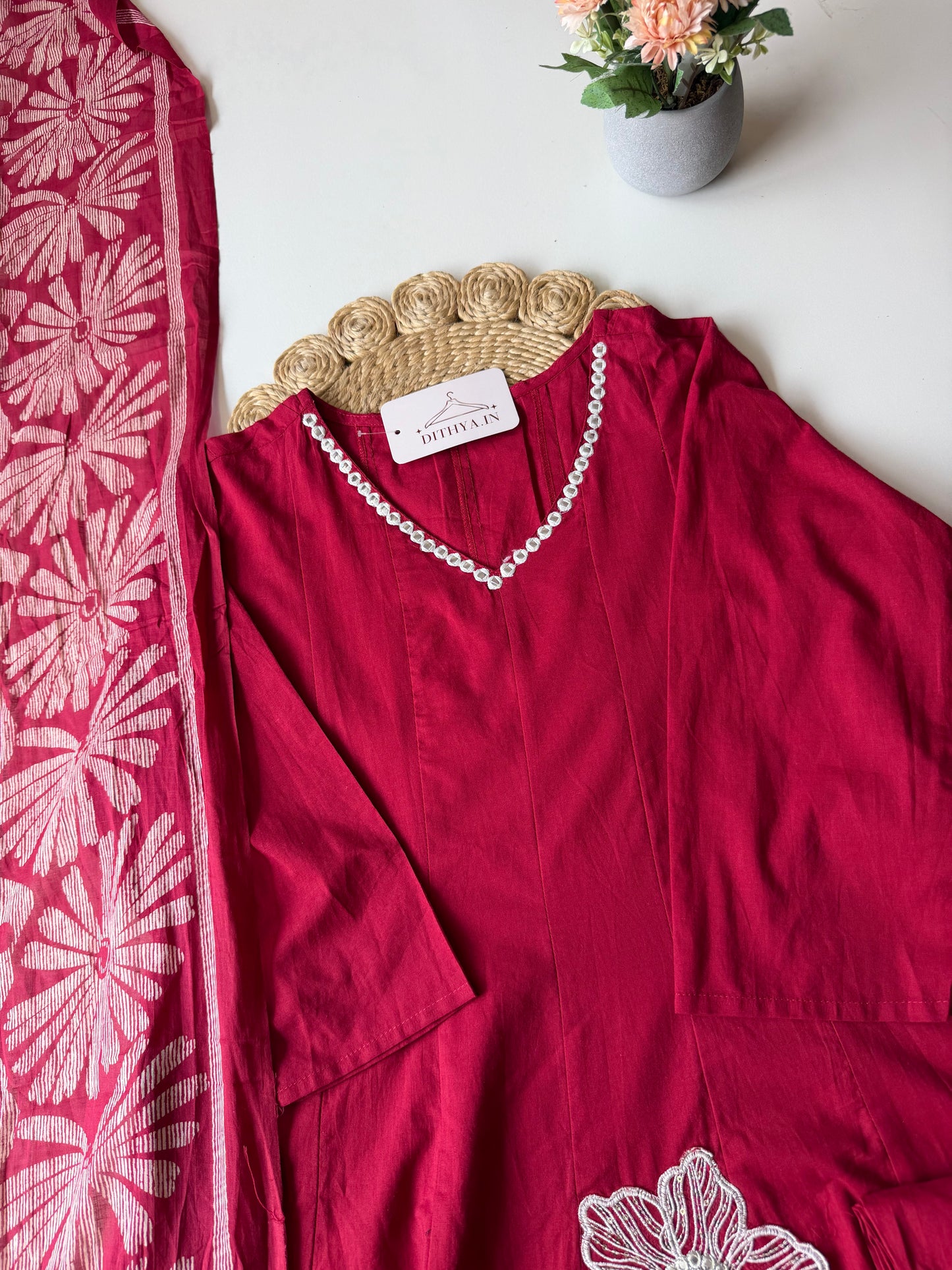 K634 - Mul cotton embroidered Anarkali with pants and dupatta
