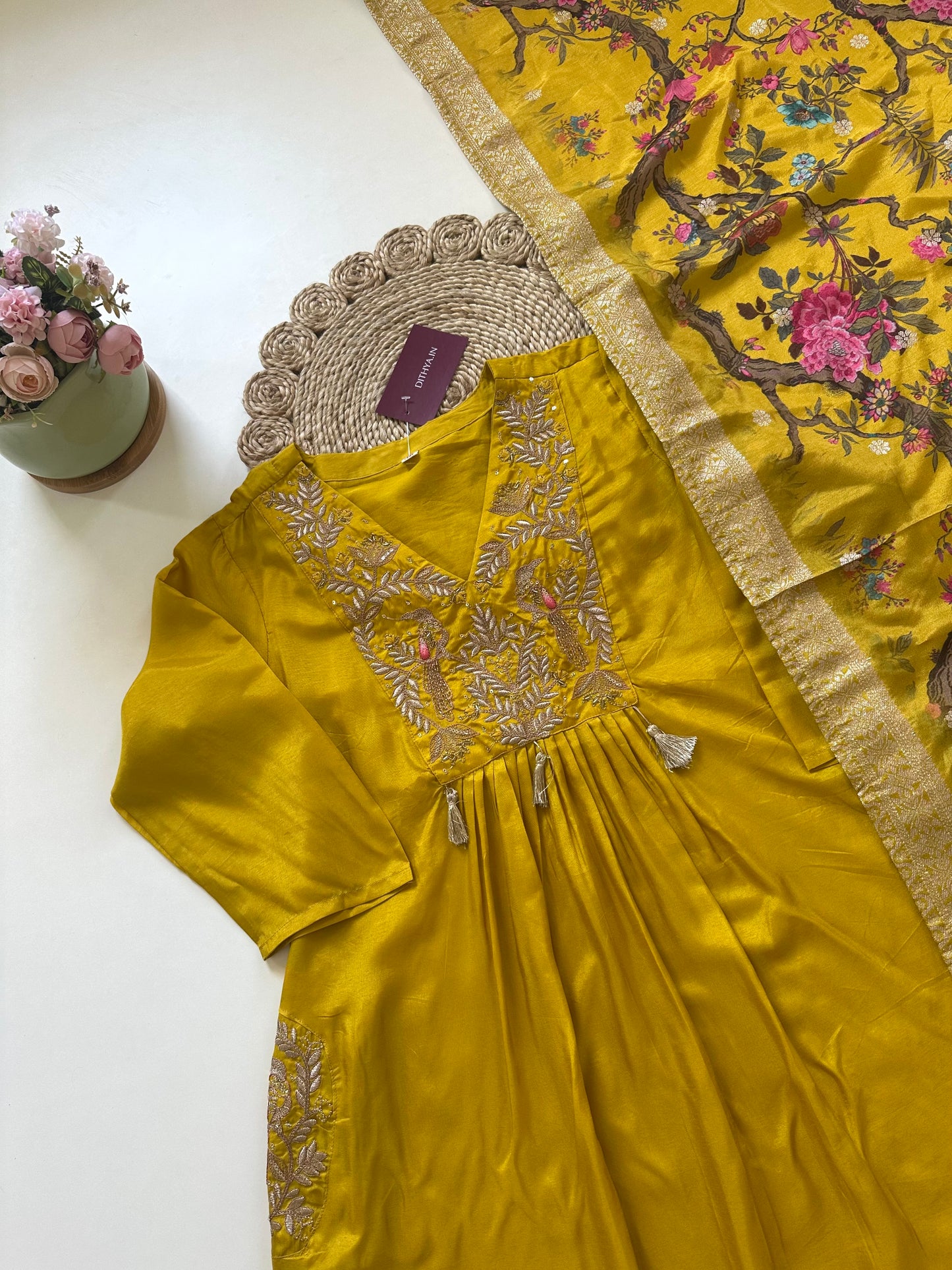 K228 - Russian silk handwork Anarkali with pants and Banarasi silk floral dupatta .