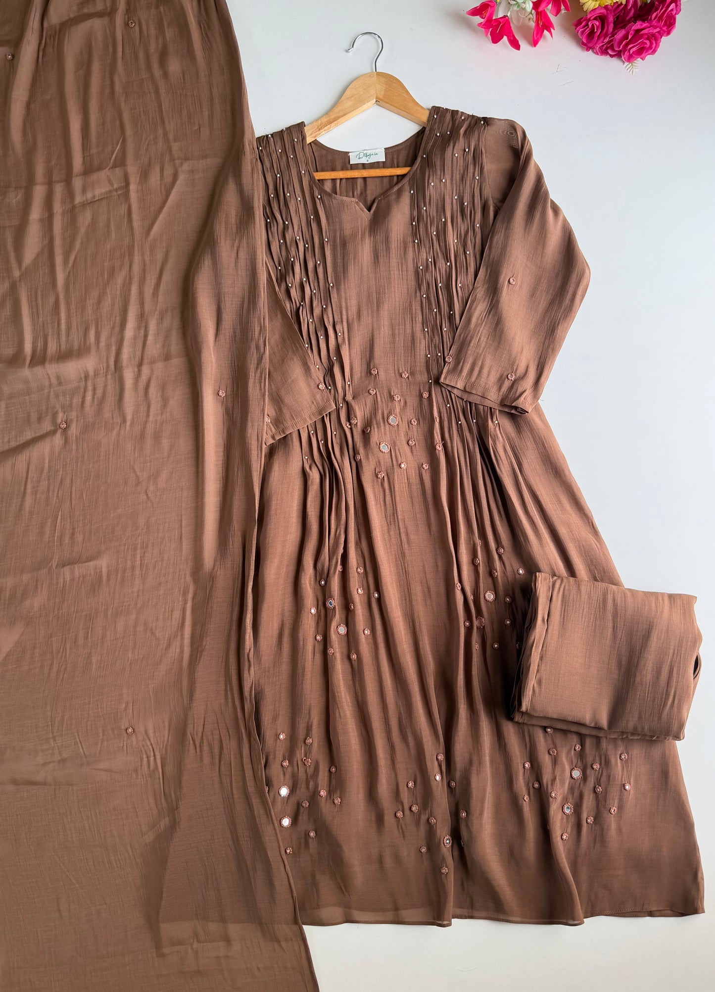 K624 - Surat Mul chanderi mirror work Anarkali with pants and dupatta