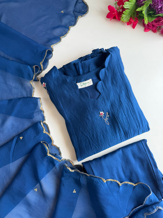 K469 - Mul chanderi handwork Aline Kurti with pants and dupatta in 2 colours