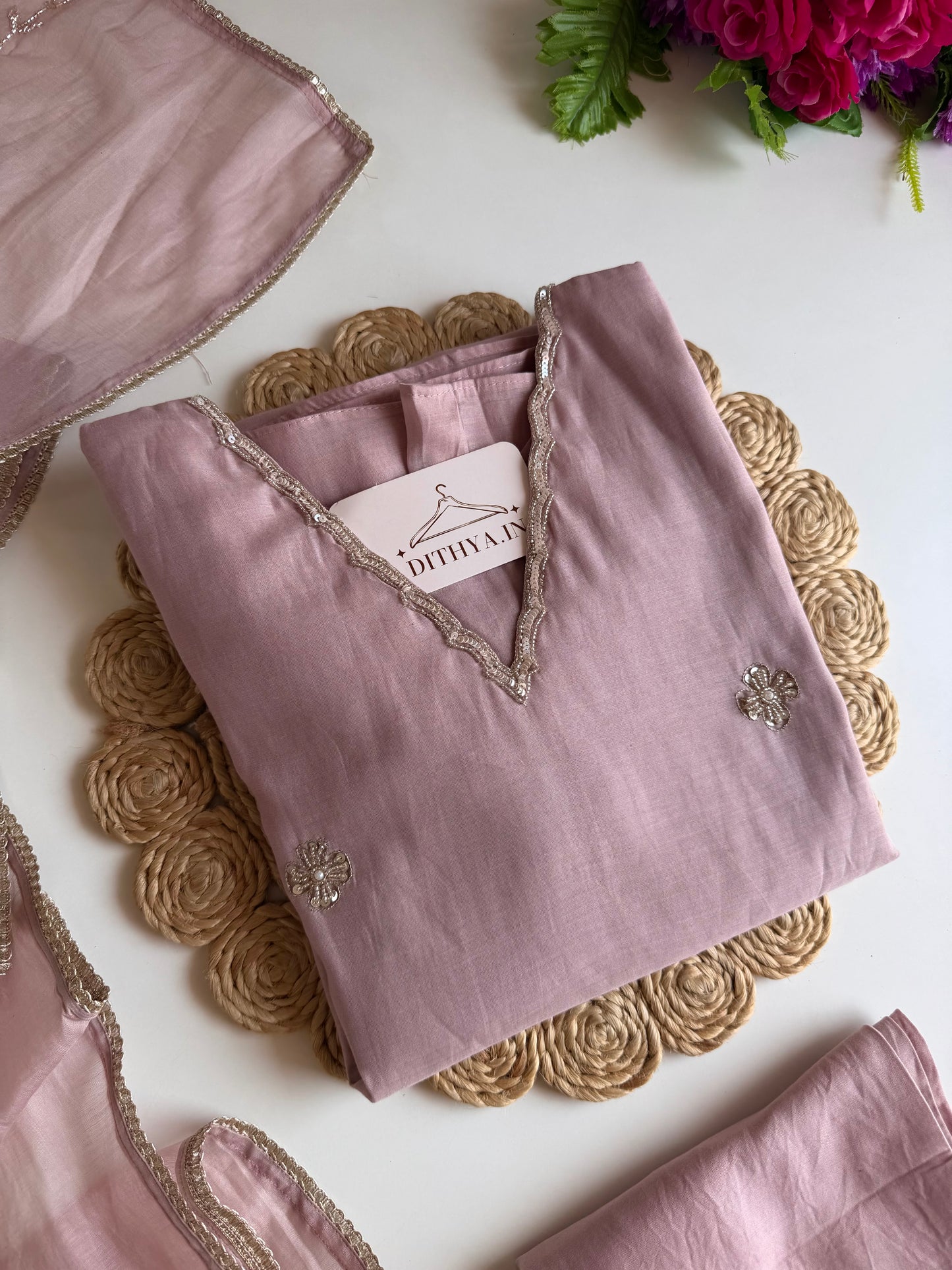 K245 - Mul chanderi handwork aline Kurti with pants and dupatta