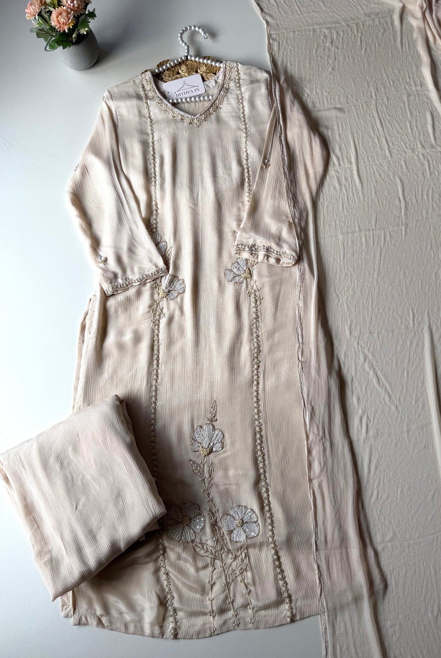K073 - Pure Chinnon handwork straight Kurti with divider pants and dupatta