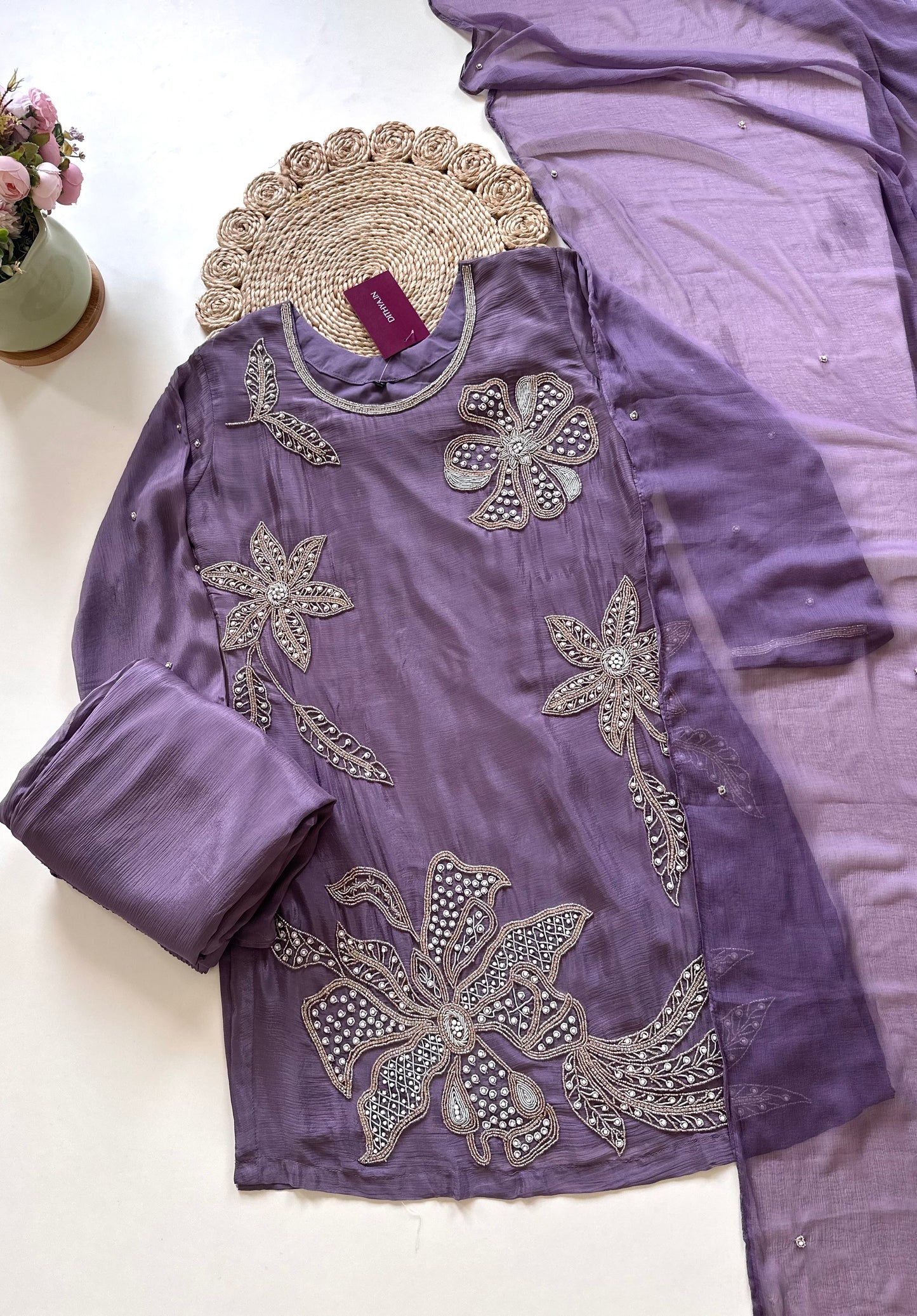 K171 - Heavy handwork chinnon Short kurti with divider pants and chiffon dupatta .