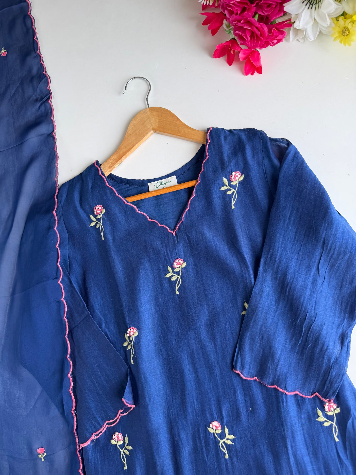 K087 - Mul chanderi embroidered Aline Kurti with pants and dupatta