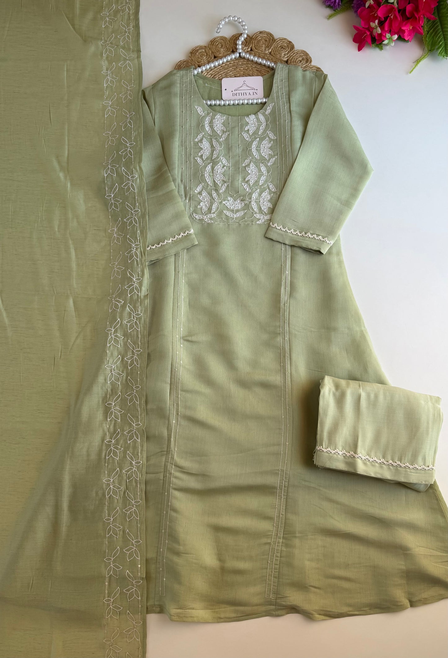K361 - Muslin cotton embroidered Aline Kurti with pants and dupatta