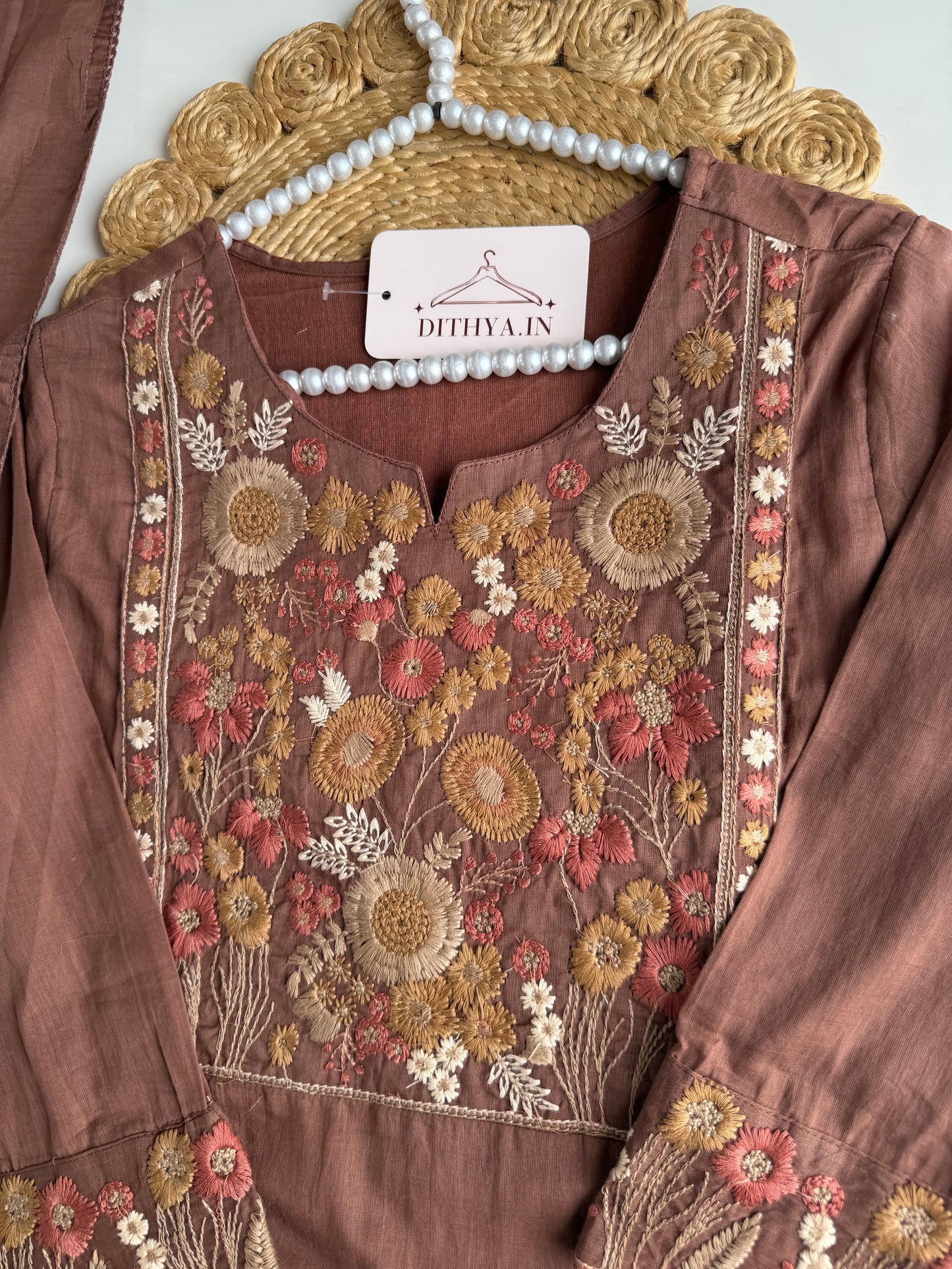 K657 - Mul cotton embroidered straight Kurti with pants and dupatta