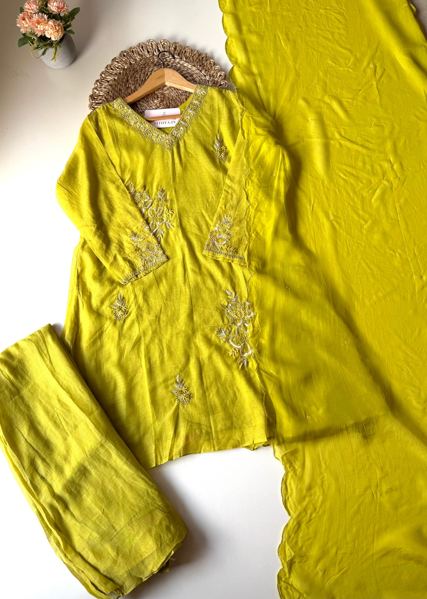 K317 - Mul chanderi handwork peplum Kurti with palazzo and dupatta