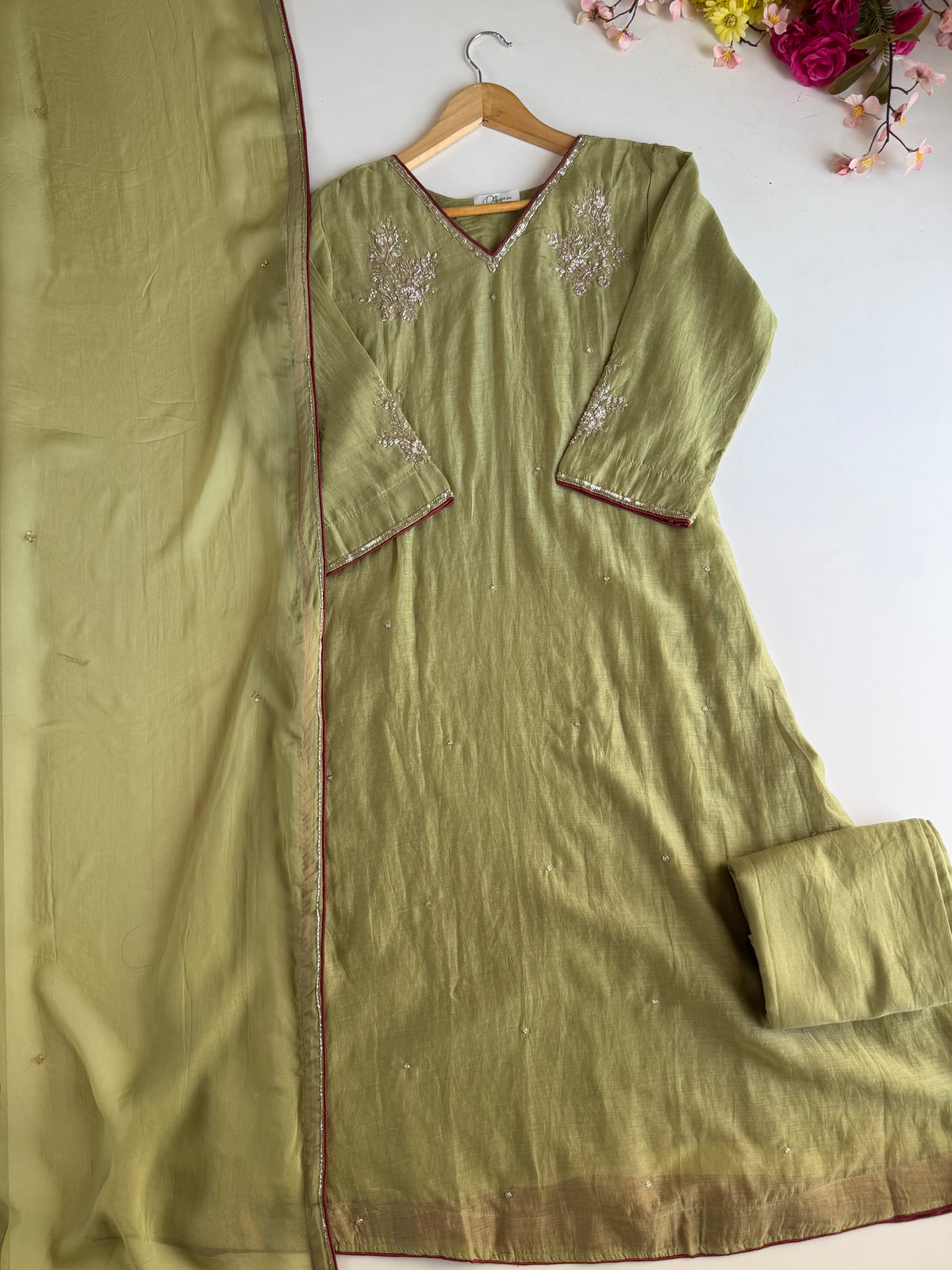 K417 - Mul chanderi handwork piping Aline Kurti with pants and dupatta