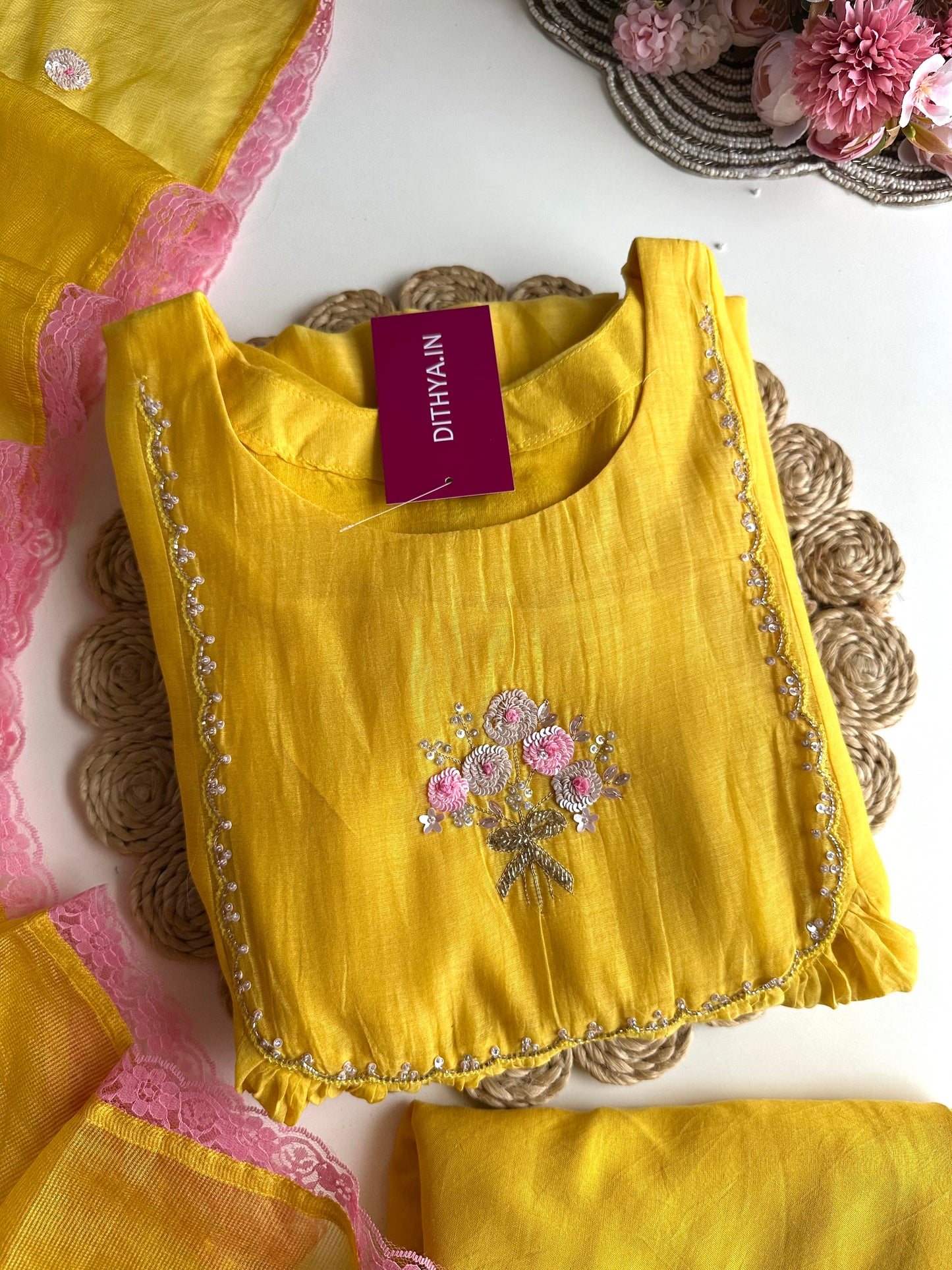 K348 - Mul Chanderi Handwork Anarkali with pants and doriya dupatta