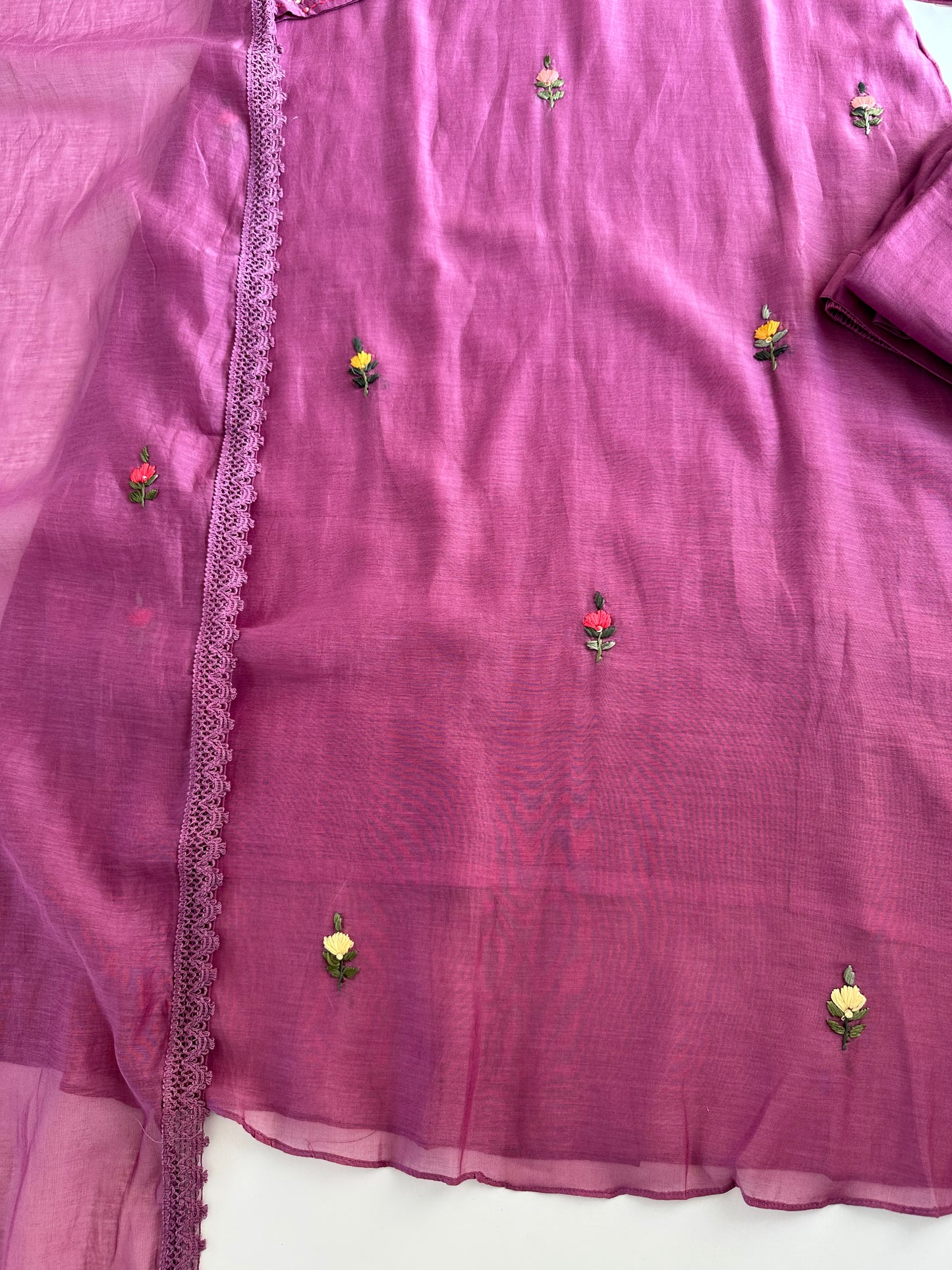 K257 - Mul Chanderi embroidered Aline Kurti with pants and dupatta