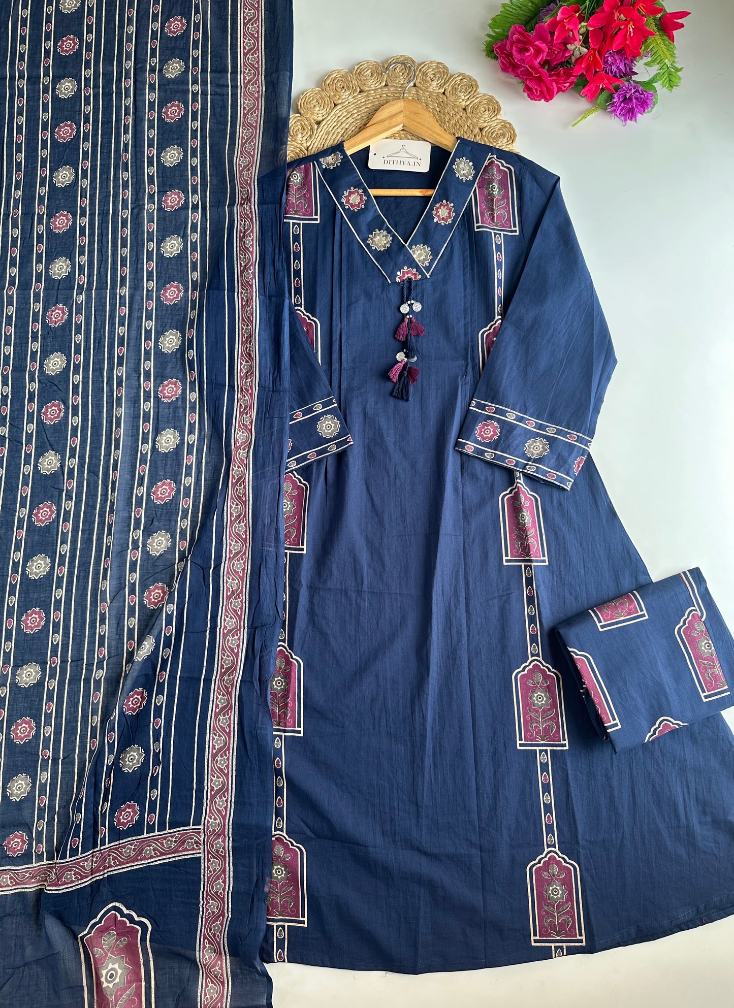 K716 - Mul cotton embroidered Aline Kurti with pants and dupatta