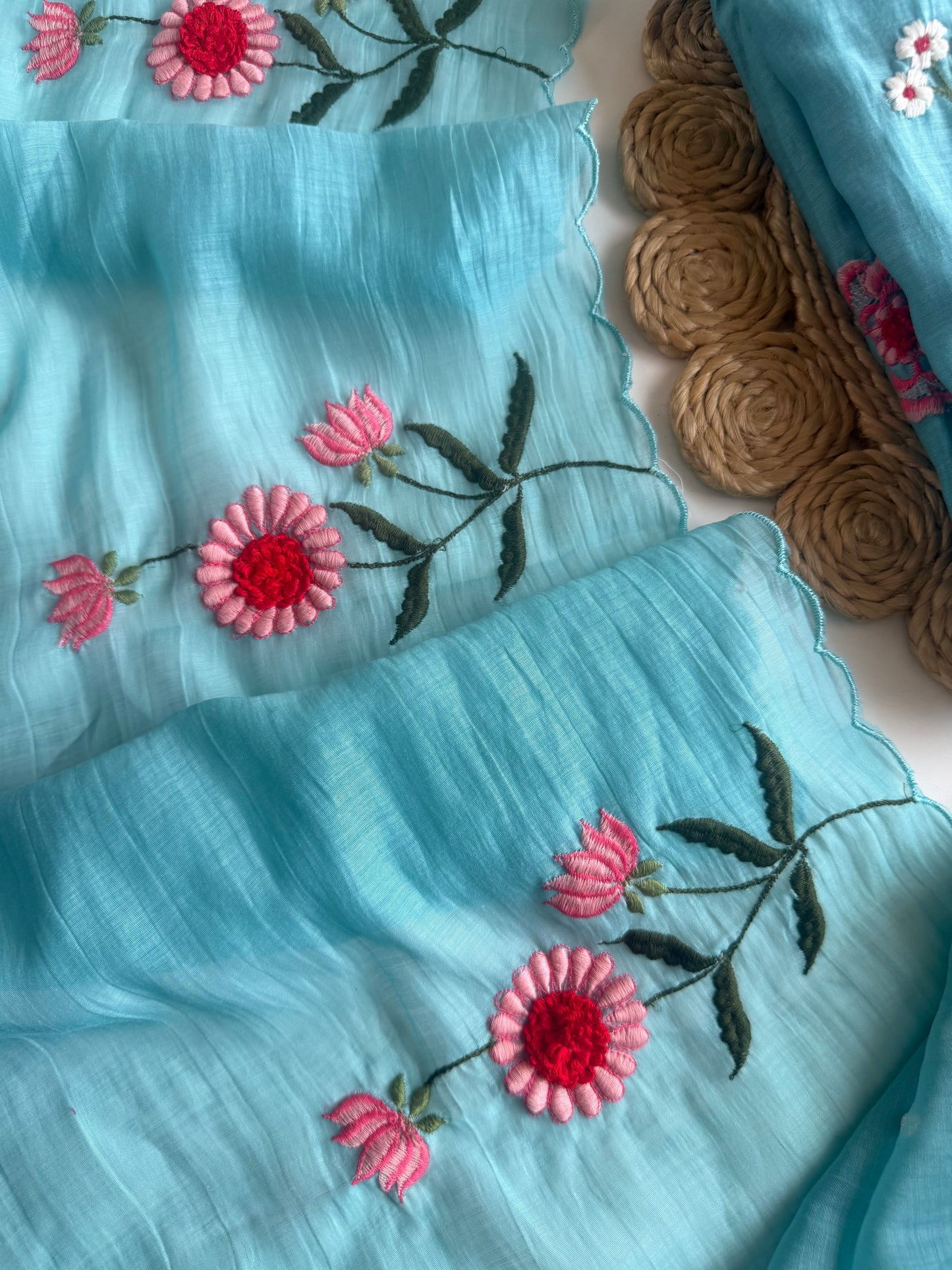 K629 - Mul chanderi 3D embroidered straight Kurti with pants and dupatta