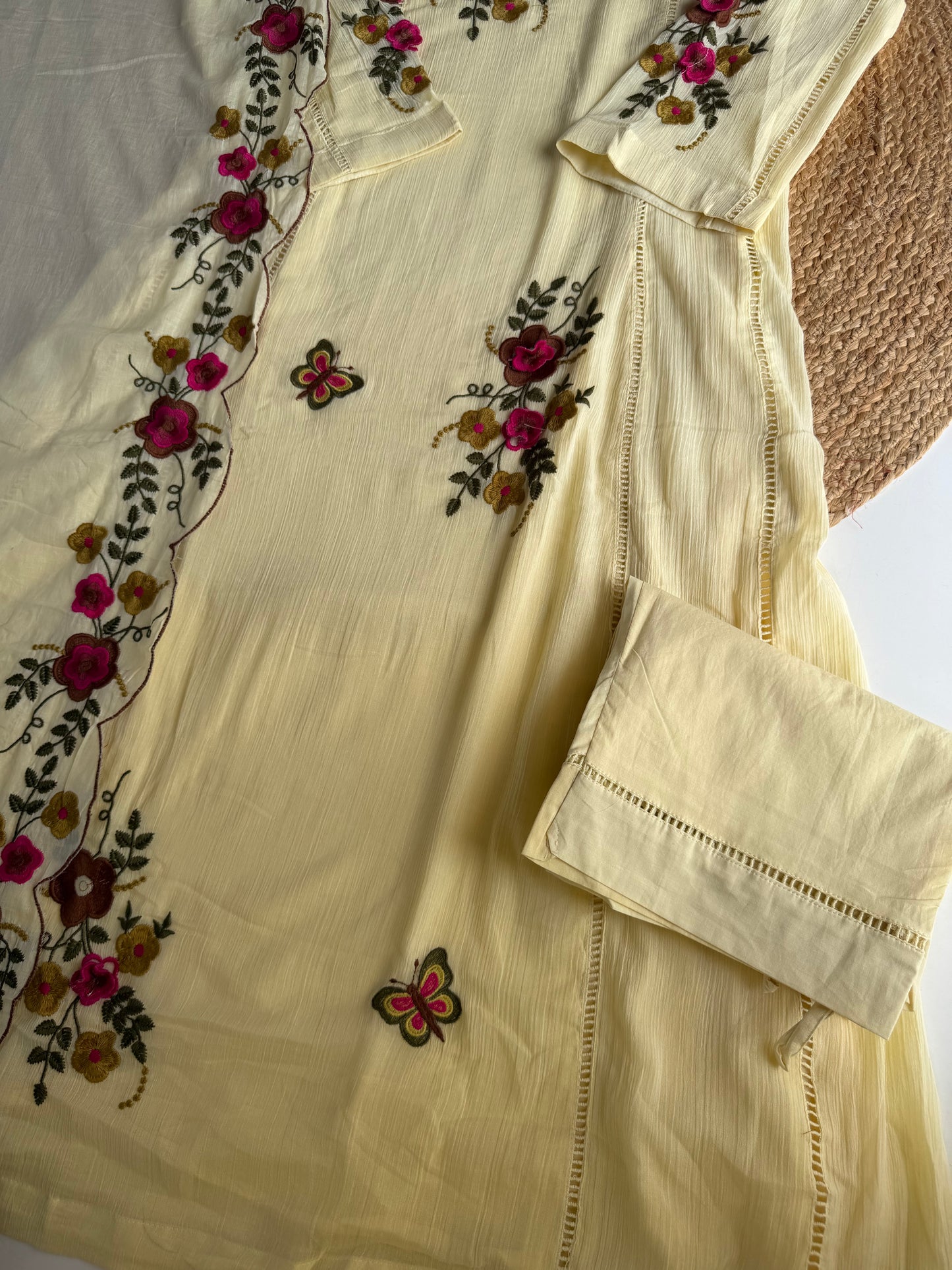K018 - Crushed cotton 3D embroidered Anarkali with pants and dupatta