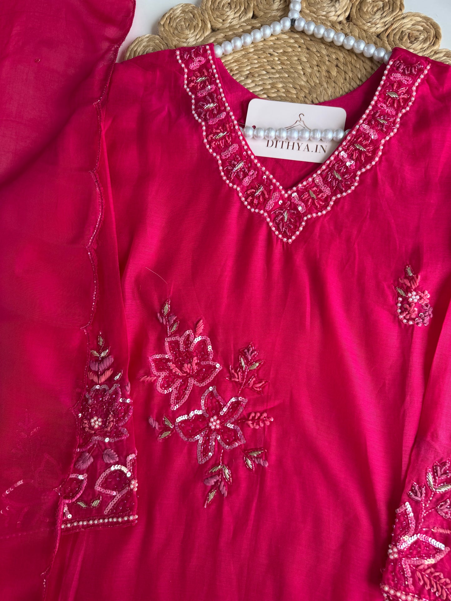 K610 - Mul chanderi handwork short Kurti with pants and dupatta