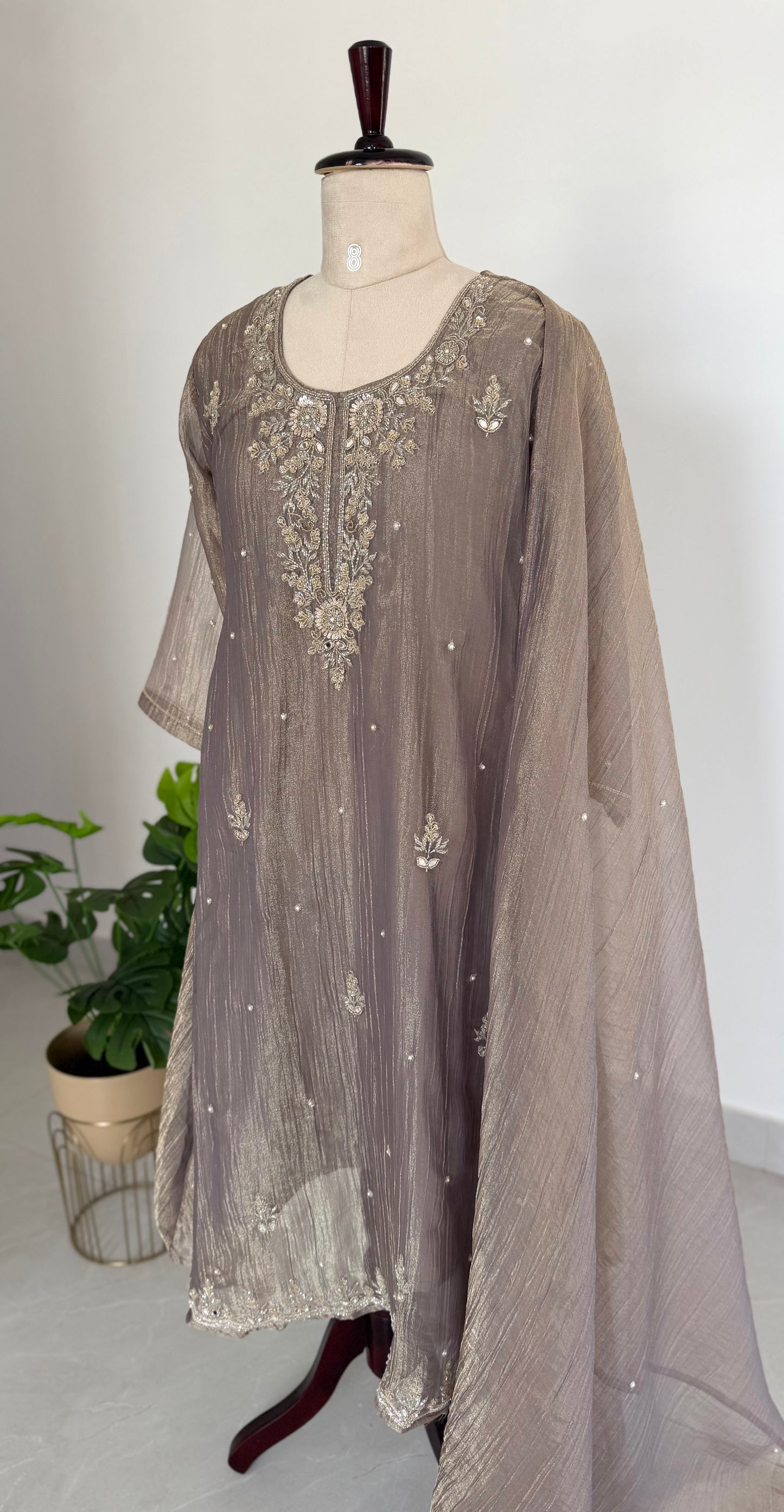 K712 - Glass crush tissue handwork Anarkali with pants and dupatta in 2 colours
