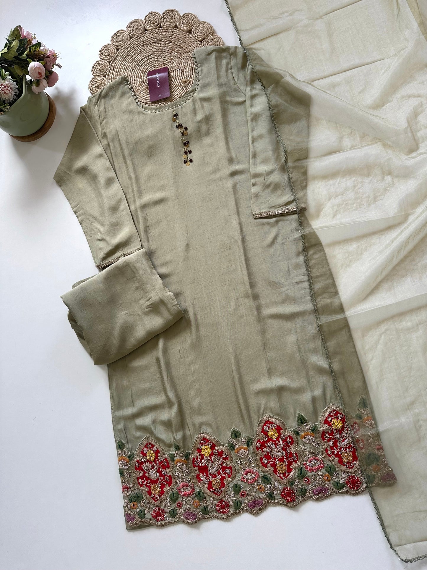 K095 - Russian silk heavy handwork straight kurti with pants and dupatta .