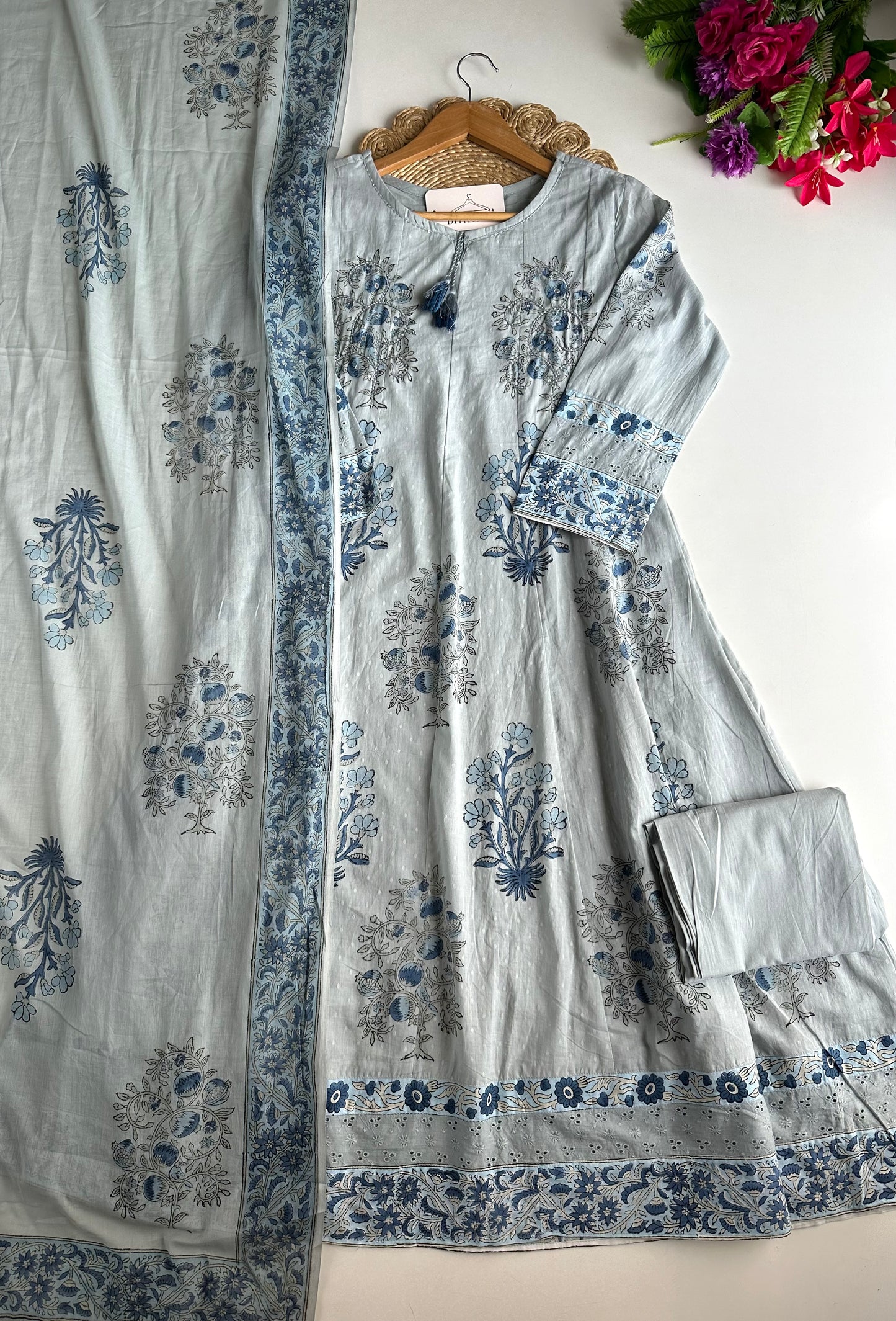 K213 - Mul cotton block print & embroidered Anarkali with pants and dupatta