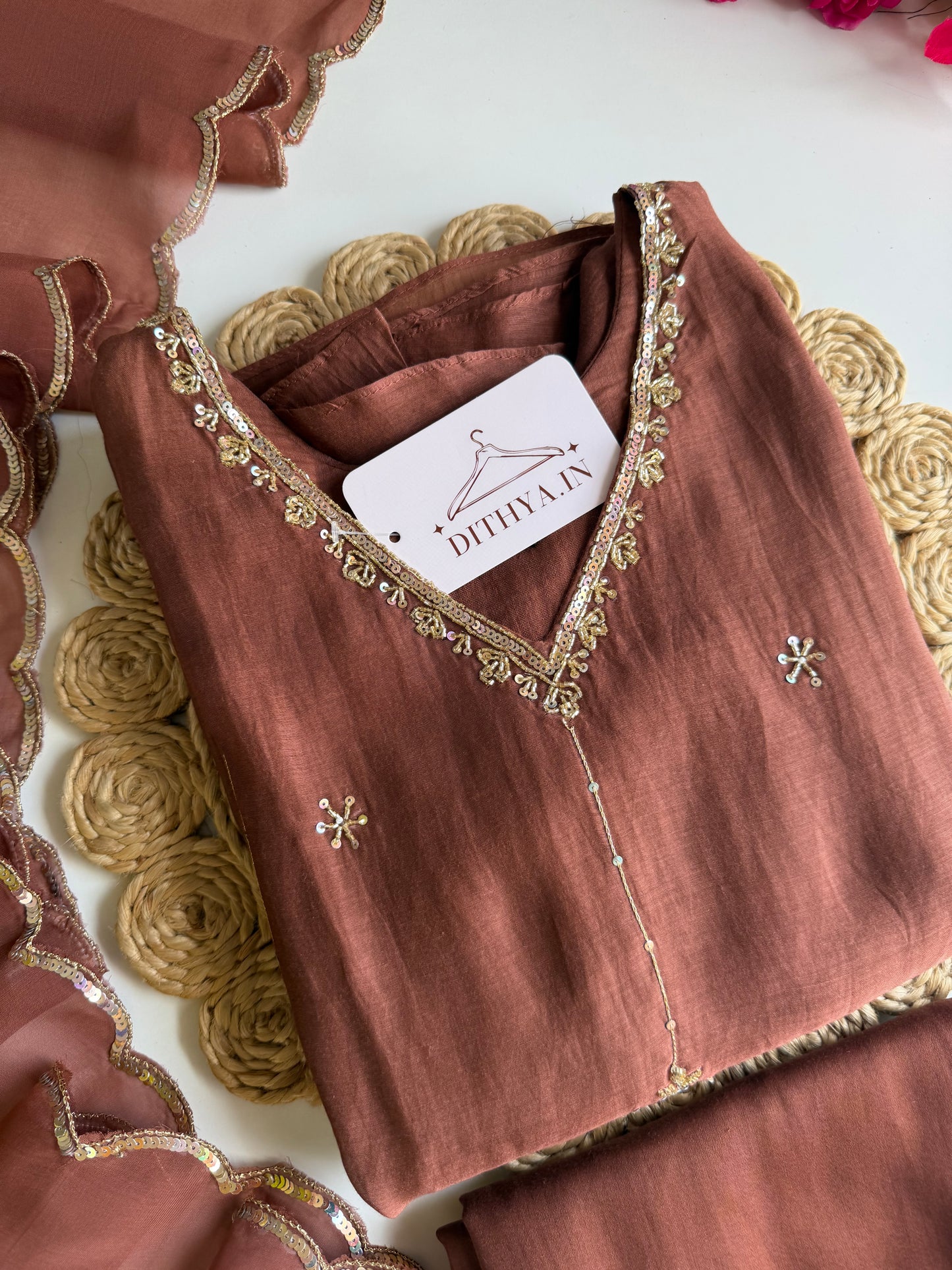 K544 - Mul Chanderi Handwork aline Kurti with pants and dupatta