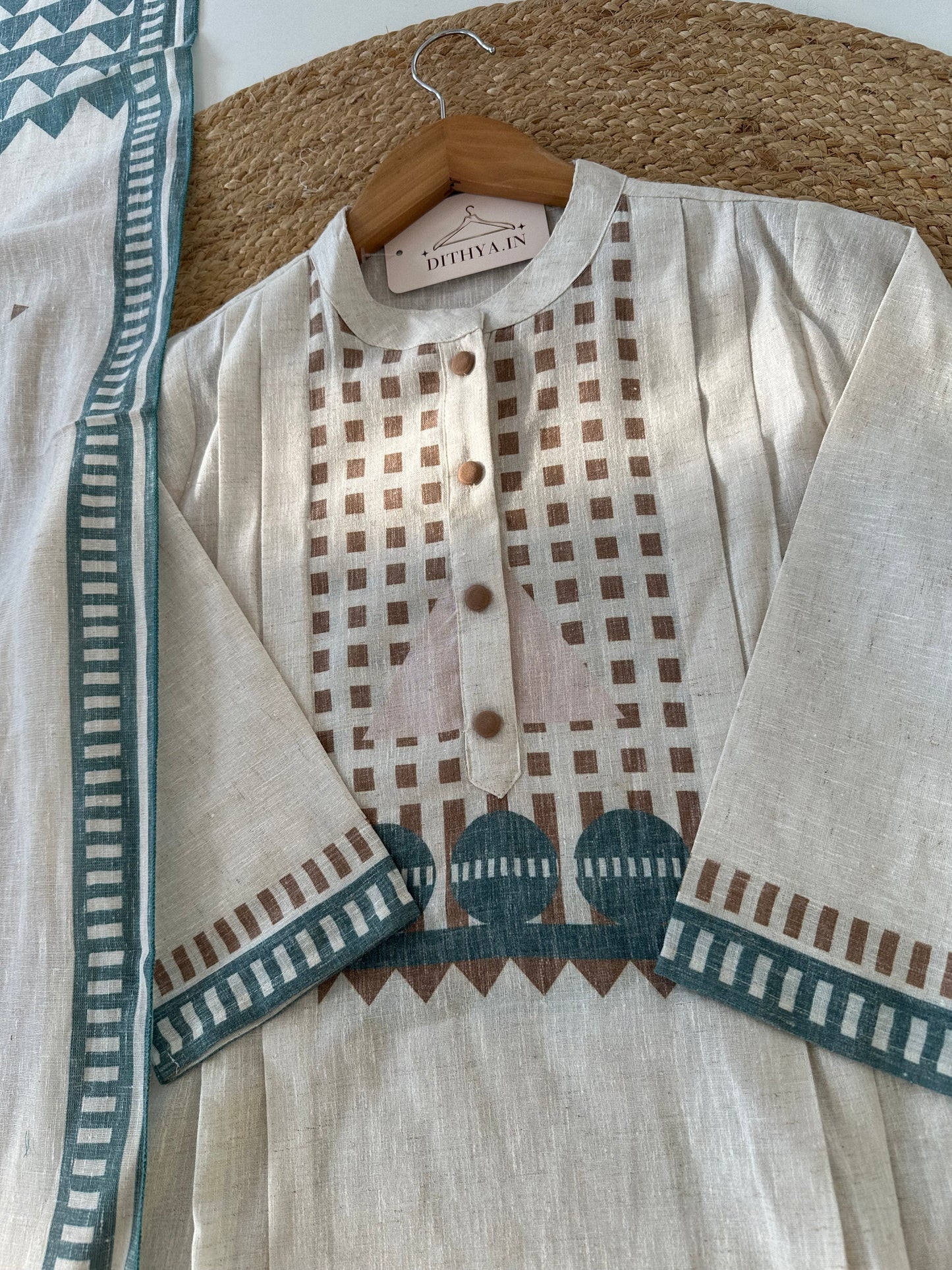 K558 - Linen cotton printed aline Kurti with pants and dupatta