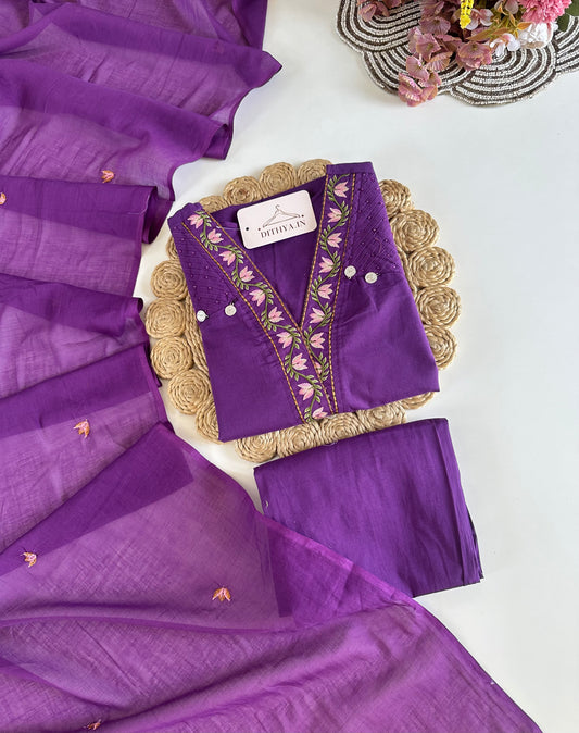 K690 - Mul cotton embroidered straight Kurti with pants and dupatta