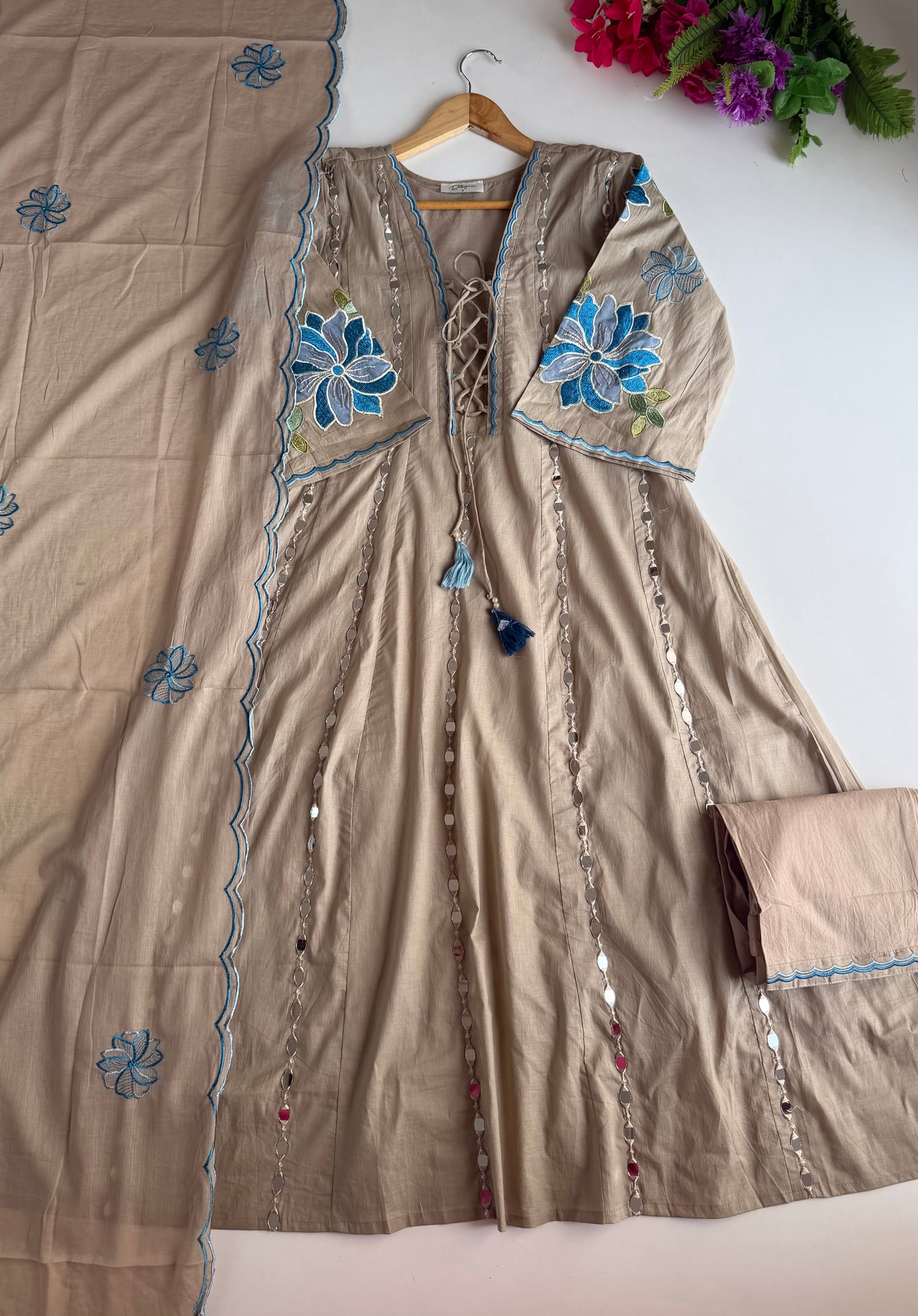 K525 - Muslin mirror work Anarkali with pants and dupatta
