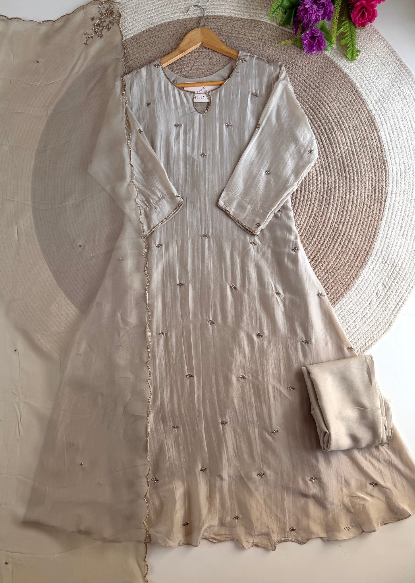 K736 - Pure crape handwork Aline Kurti with pants and dupatta