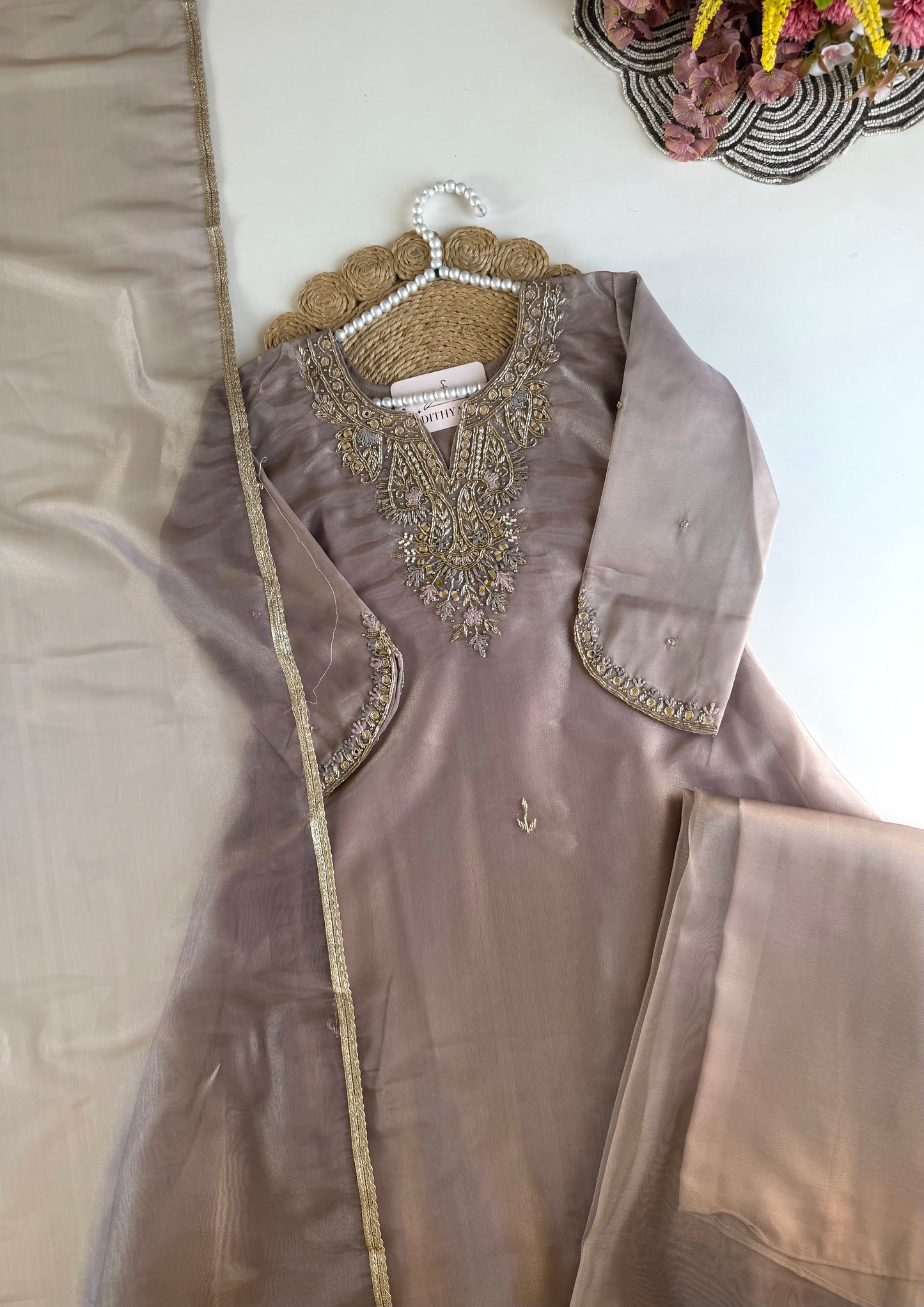 K540 - Tissue silk handwork aline Kurti with pants and dupatta