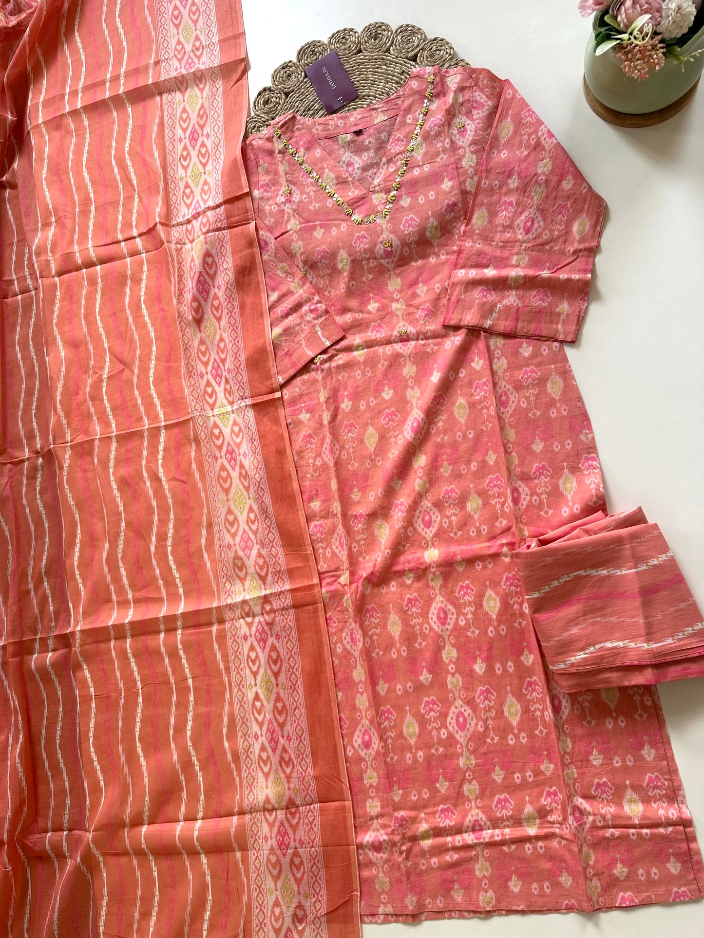 K027 - Ikkat printed cotton straight kurti with pants and dupatta .