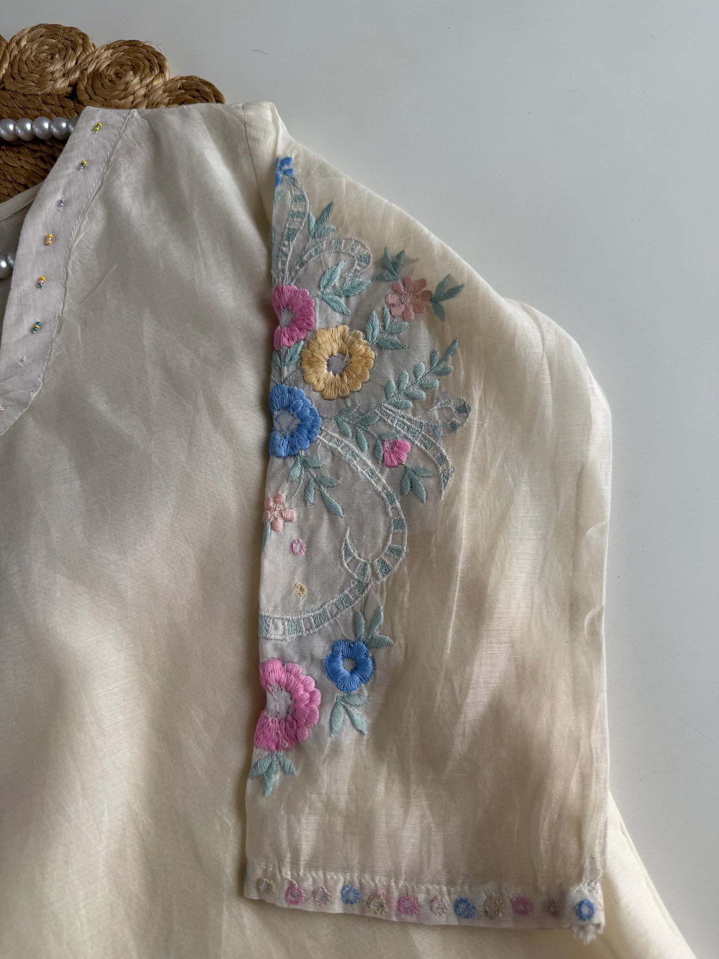 K682 - Mul cotton embroidered Aline Kurti with pants and dupatta