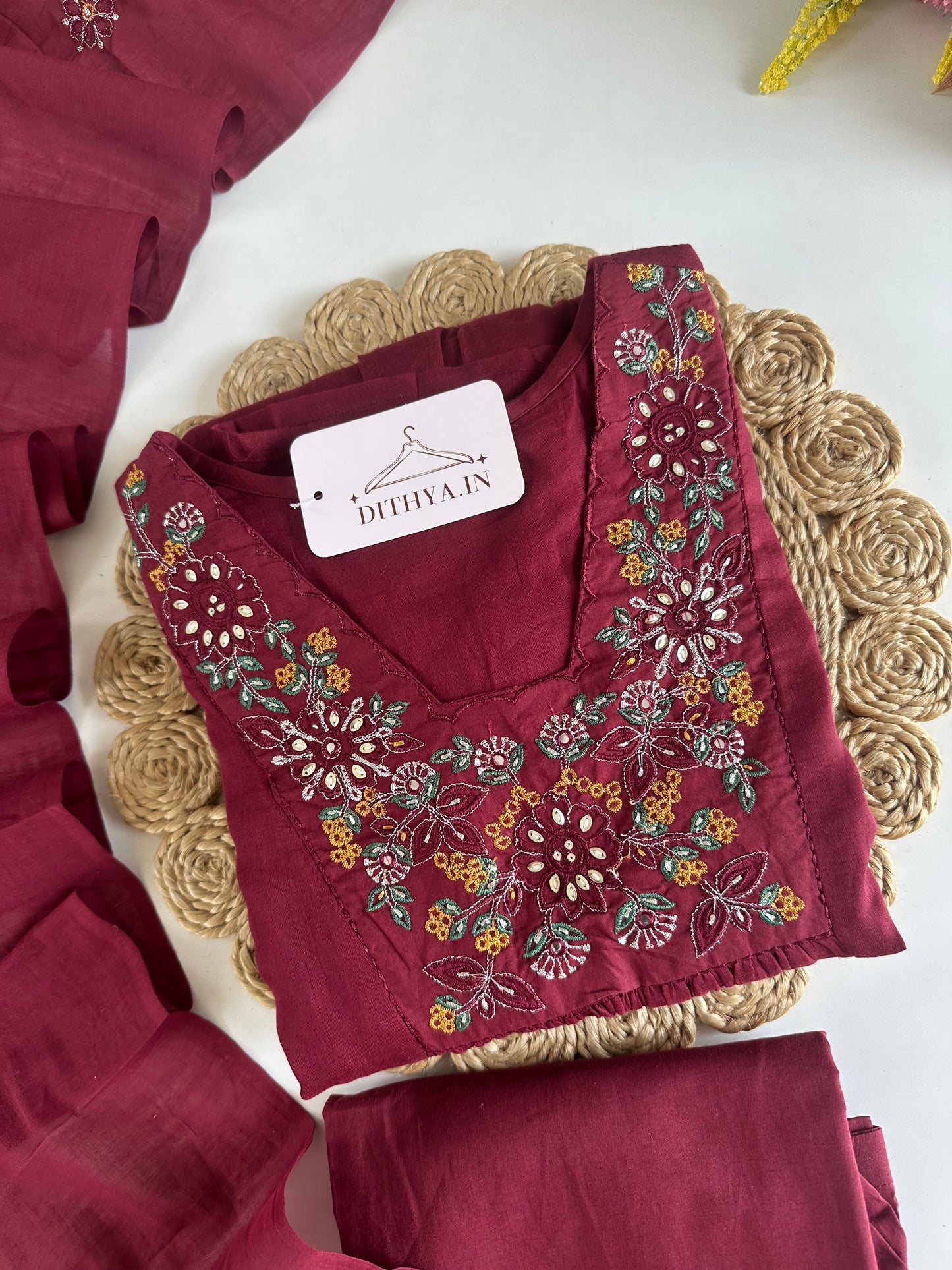 K395 - Mul cotton embroidered Anarkali with pants and dupatta