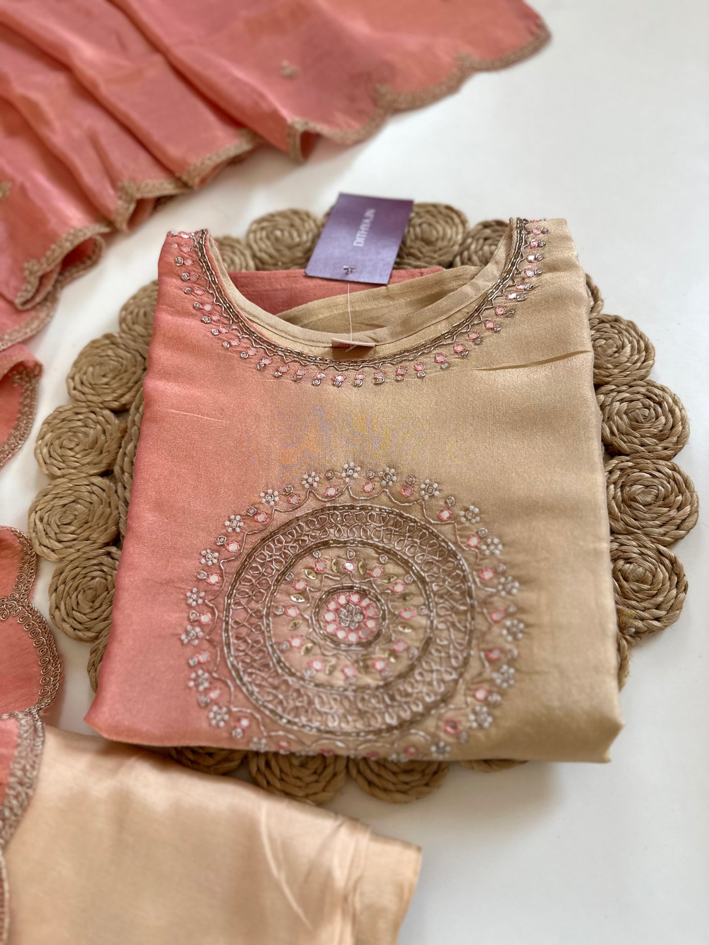 K132 - Tissue silk handwork straight kurti with pants and dupatta