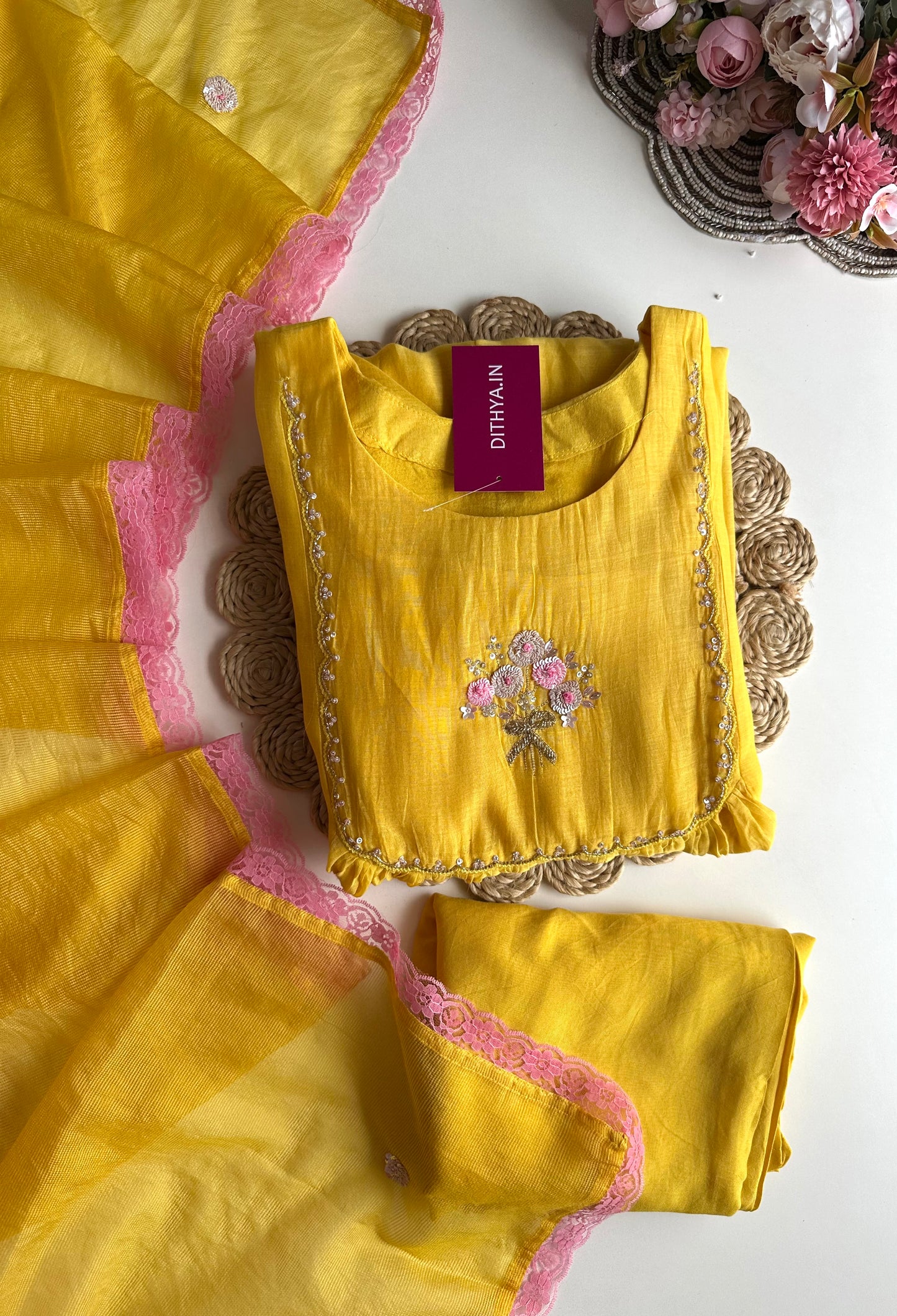 K348 - Mul Chanderi Handwork Anarkali with pants and doriya dupatta