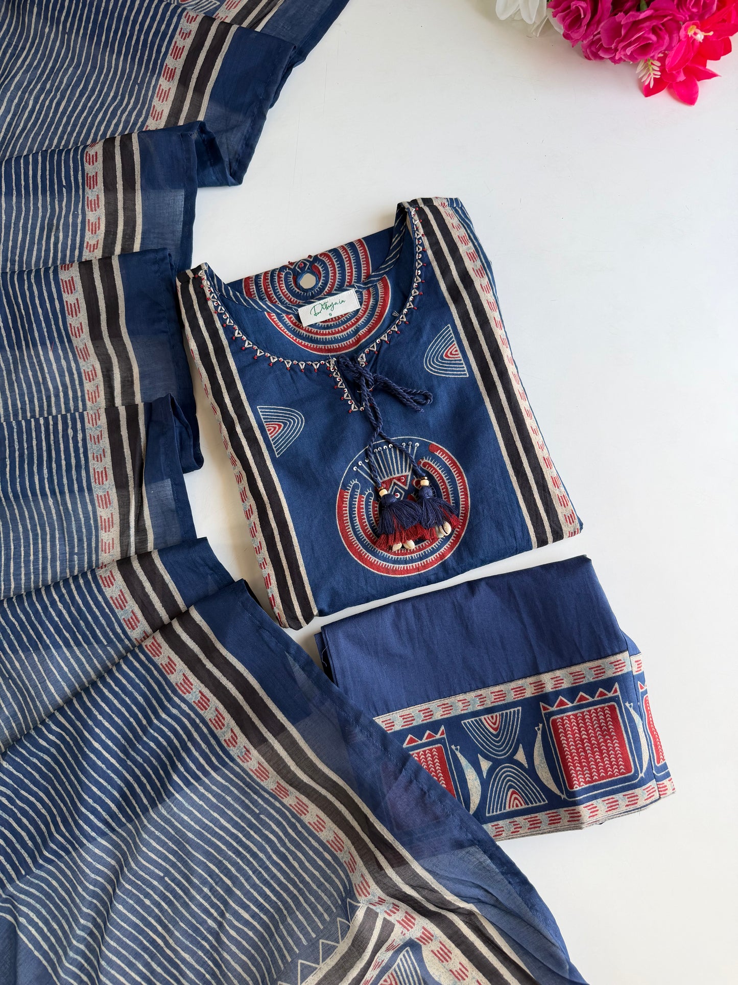 K607 - Mul cotton embroidered straight Kurti with pants and dupatta