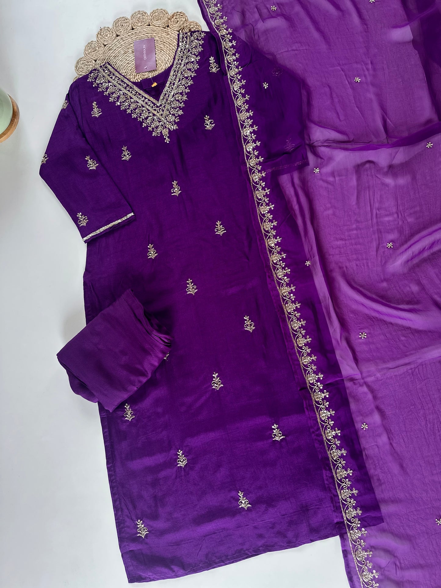 K304 - Handwork Russian silk Straight kurti with pants and dupatta .