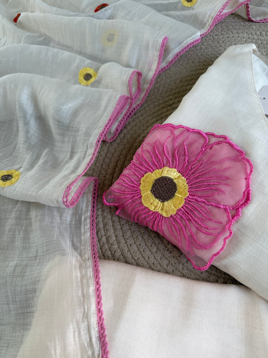 K208 - Mul chanderi appliqué work straight Kurti with pants and dupatta