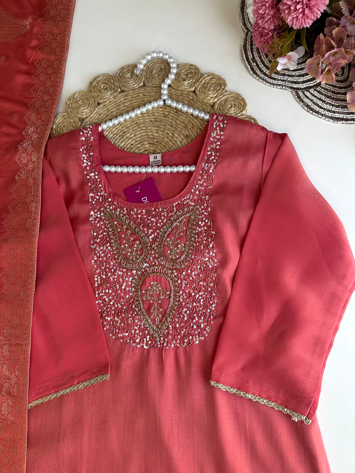 K456 - Roman silk handwork straight Kurti with pants and dupatta