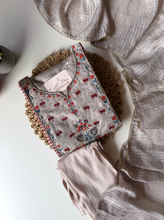 K588 - Kanjivaram Tissue silk Aline Kurti with pants and dupatta