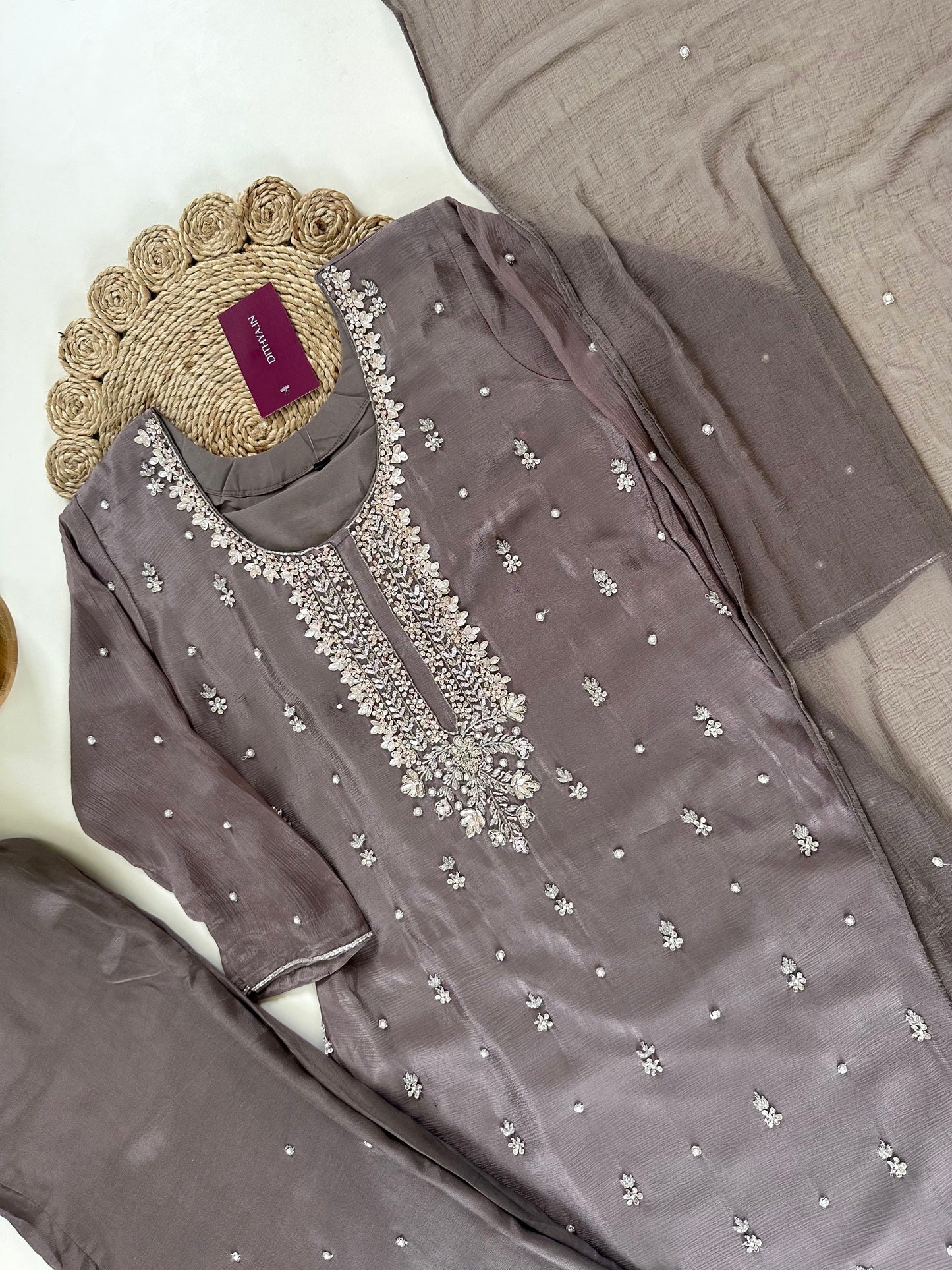 K190 - Heavy handwork Chinnon Straight short kurti with palazzo and dupatta .