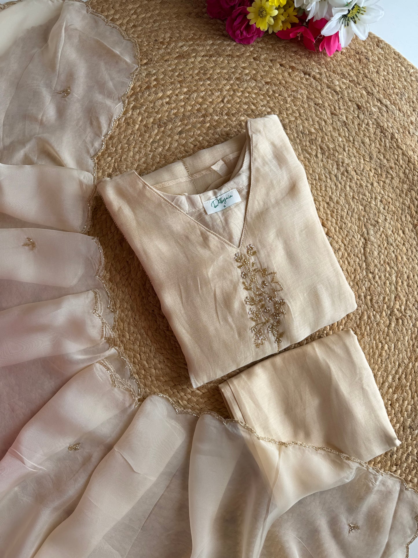 K145 - Mul chanderi handwork aline Kurti with pants and dupatta