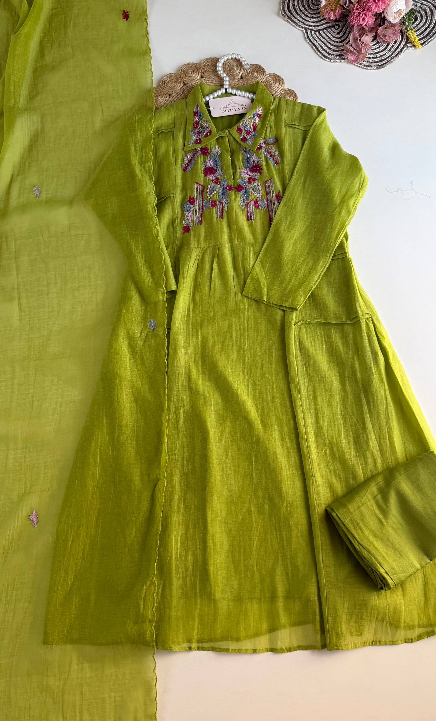 K143 - Mul chanderi handwork Anarkali with pants and dupatta