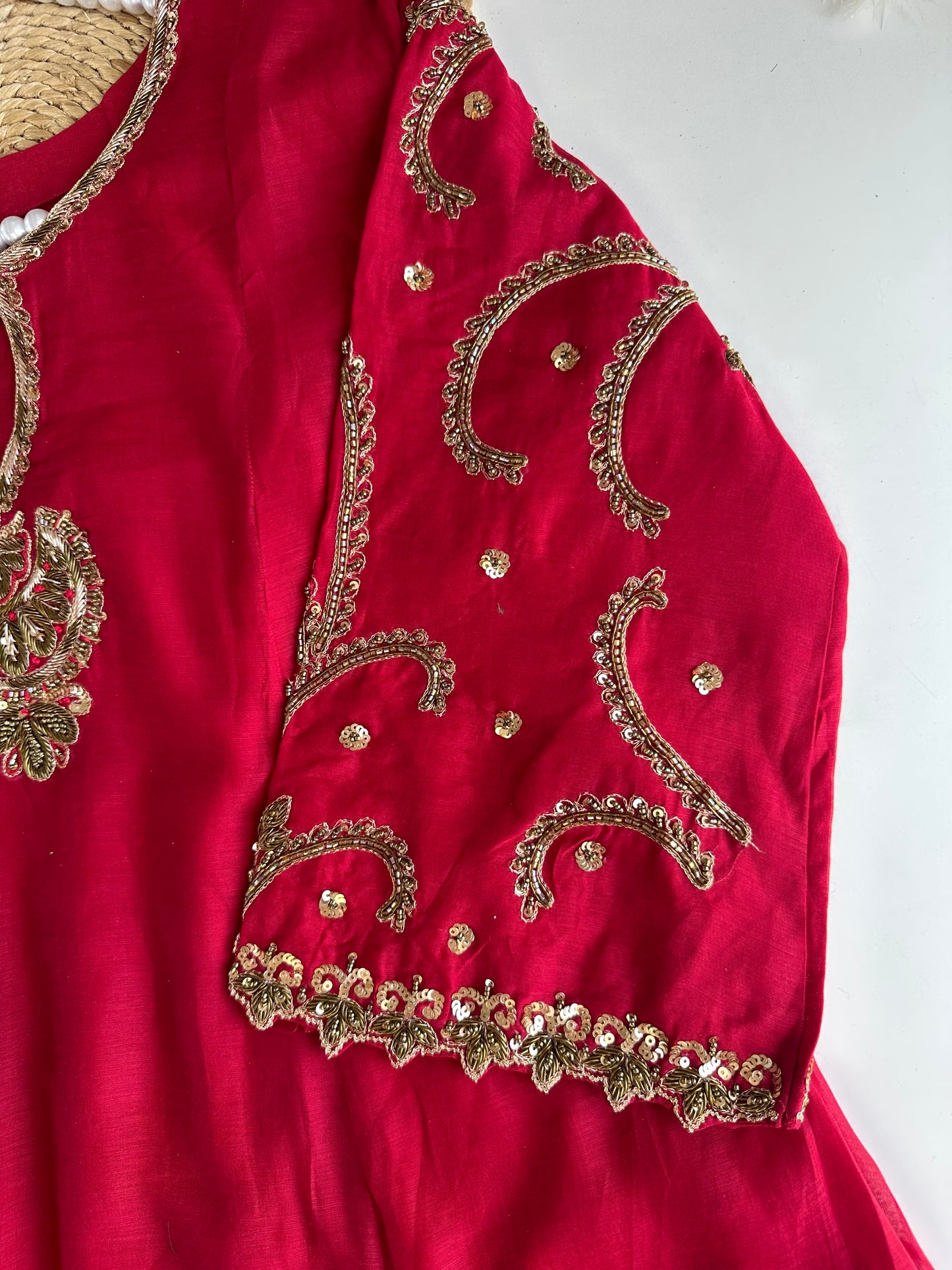 K035 - Mul Chanderi Handwork Aline Kurti with pants and dupatta in 2 colours